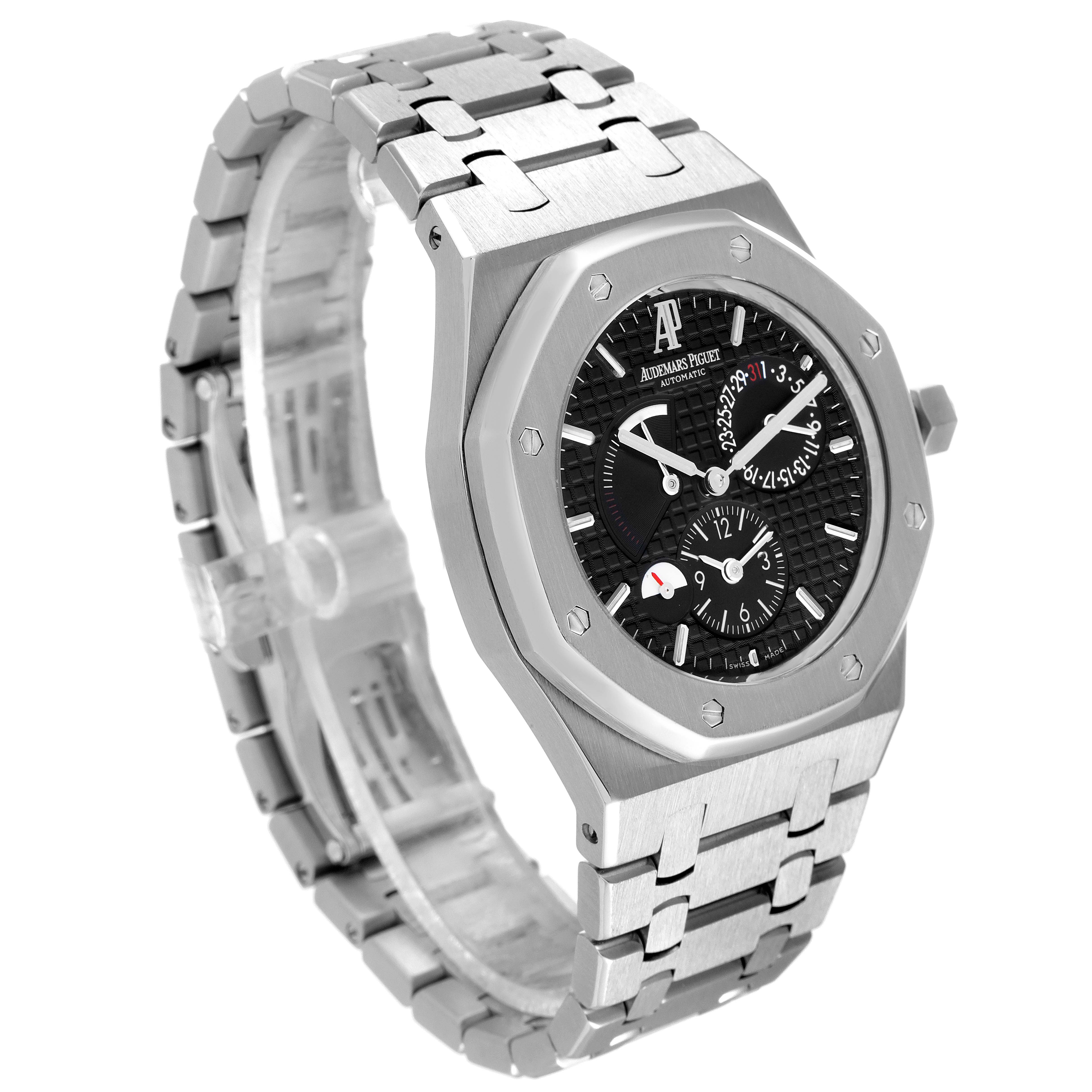 The image shows a front-angle view of an Audemars Piguet Royal Oak 26120ST.00.1220ST.03 Men's Stainless Steel Black Dial 26120ST.00.1220ST.03 Men's Stainless Steel Black Dial watch, highlighting its face, bezel, and metal bracelet.