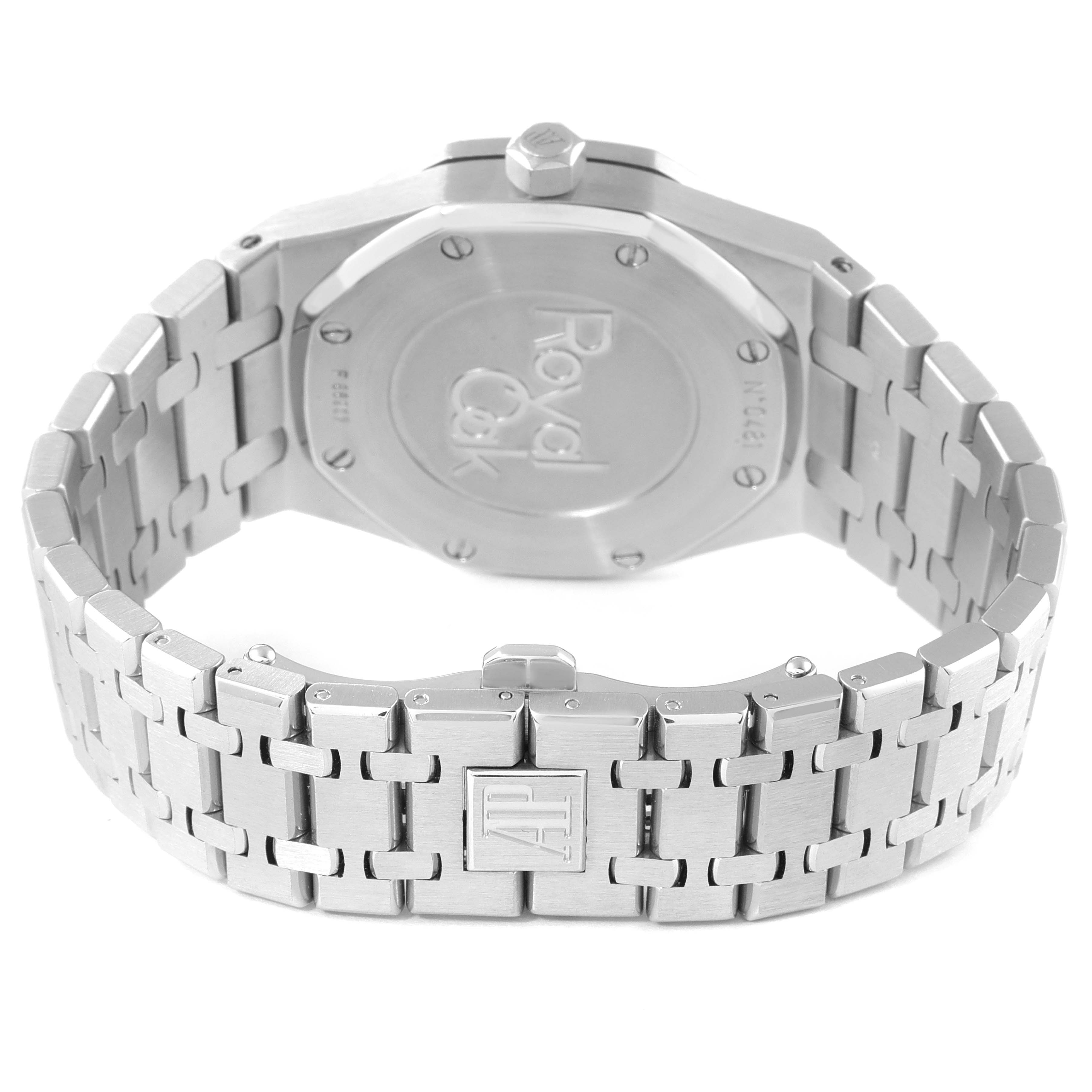 The image shows the back of the case and bracelet of an Audemars Piguet Royal Oak 26120ST.00.1220ST.03 Men's Stainless Steel Black Dial 26120ST.00.1220ST.03 Men's Stainless Steel Black Dial watch.