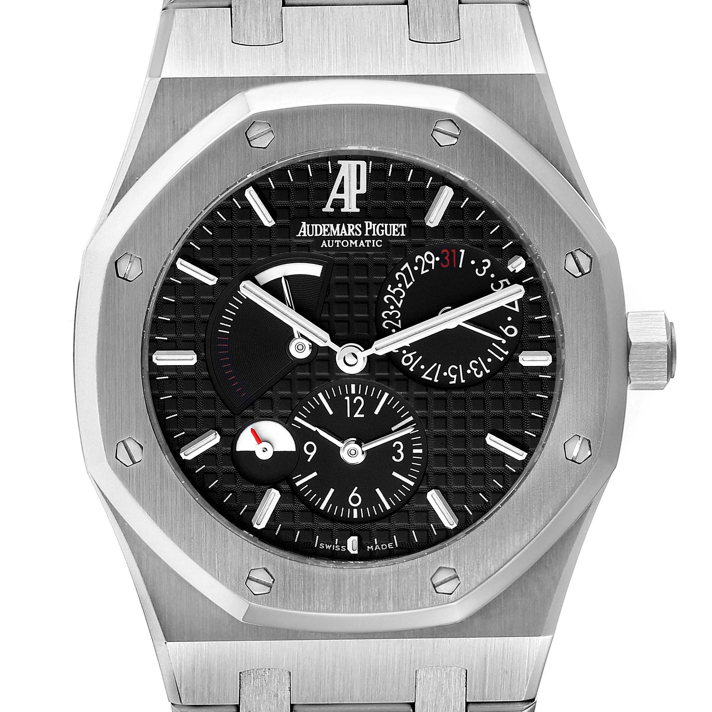 This image shows a front view of the Audemars Piguet Royal Oak 26120ST.00.1220ST.03 Men's Stainless Steel Black Dial 26120ST.00.1220ST.03 Men's Stainless Steel Black Dial watch, displaying its dial, bezel, and part of the bracelet.