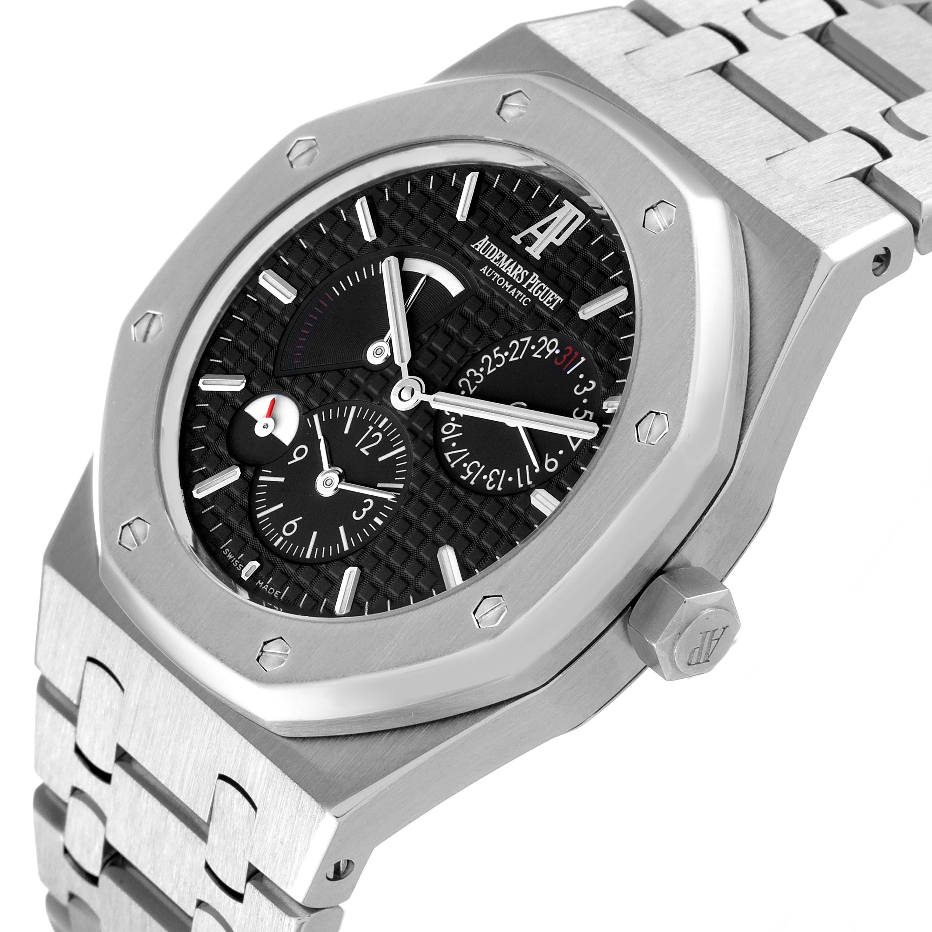 The image shows an angled view of the Audemars Piguet Royal Oak 26120ST.00.1220ST.03 Men's Stainless Steel Black Dial 26120ST.00.1220ST.03 Men's Stainless Steel Black Dial watch, highlighting its dial, bezel, and bracelet.