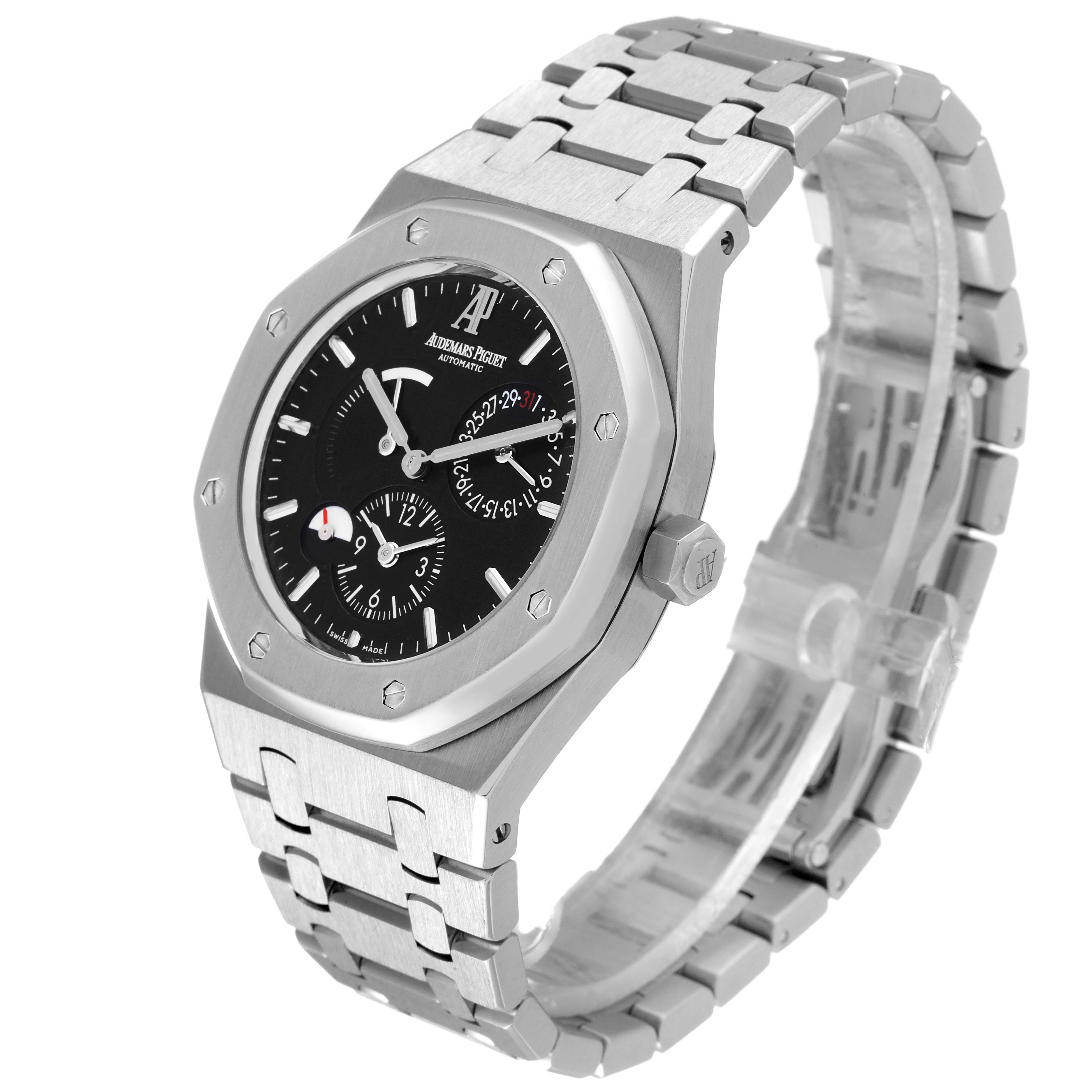 The image shows a Royal Oak by Audemars Piguet at an angled view, detailing the face, bezel, crown, and stainless steel bracelet.