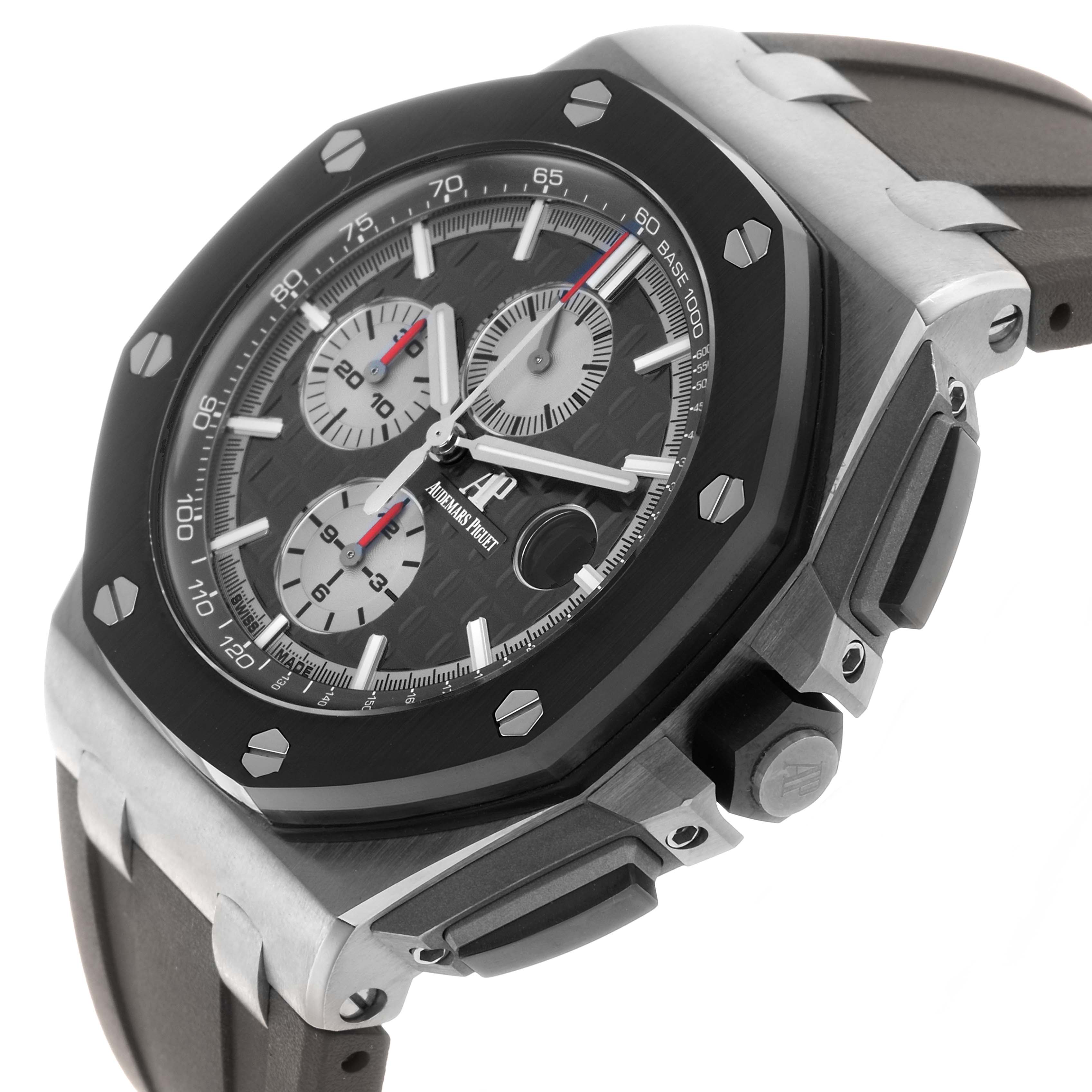 The Audemars Piguet Royal Oak Offshore 26400IO.OO.A004CA.01 Men's Titanium Grey Dial watch is shown at an angle highlighting the bezel, dial, crown, and part of the strap.