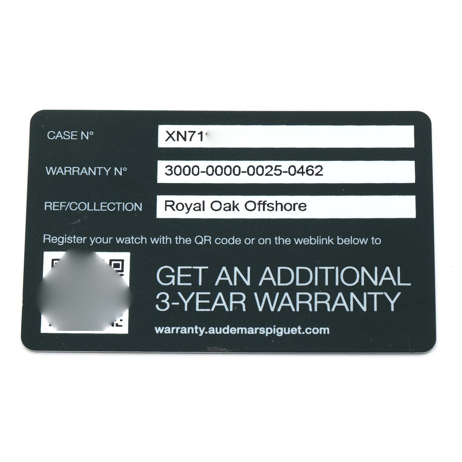 The image shows a warranty card for an Audemars Piguet Royal Oak Offshore 26400IO.OO.A004CA.01 Men's Titanium Grey Dial watch, displaying case and warranty numbers.