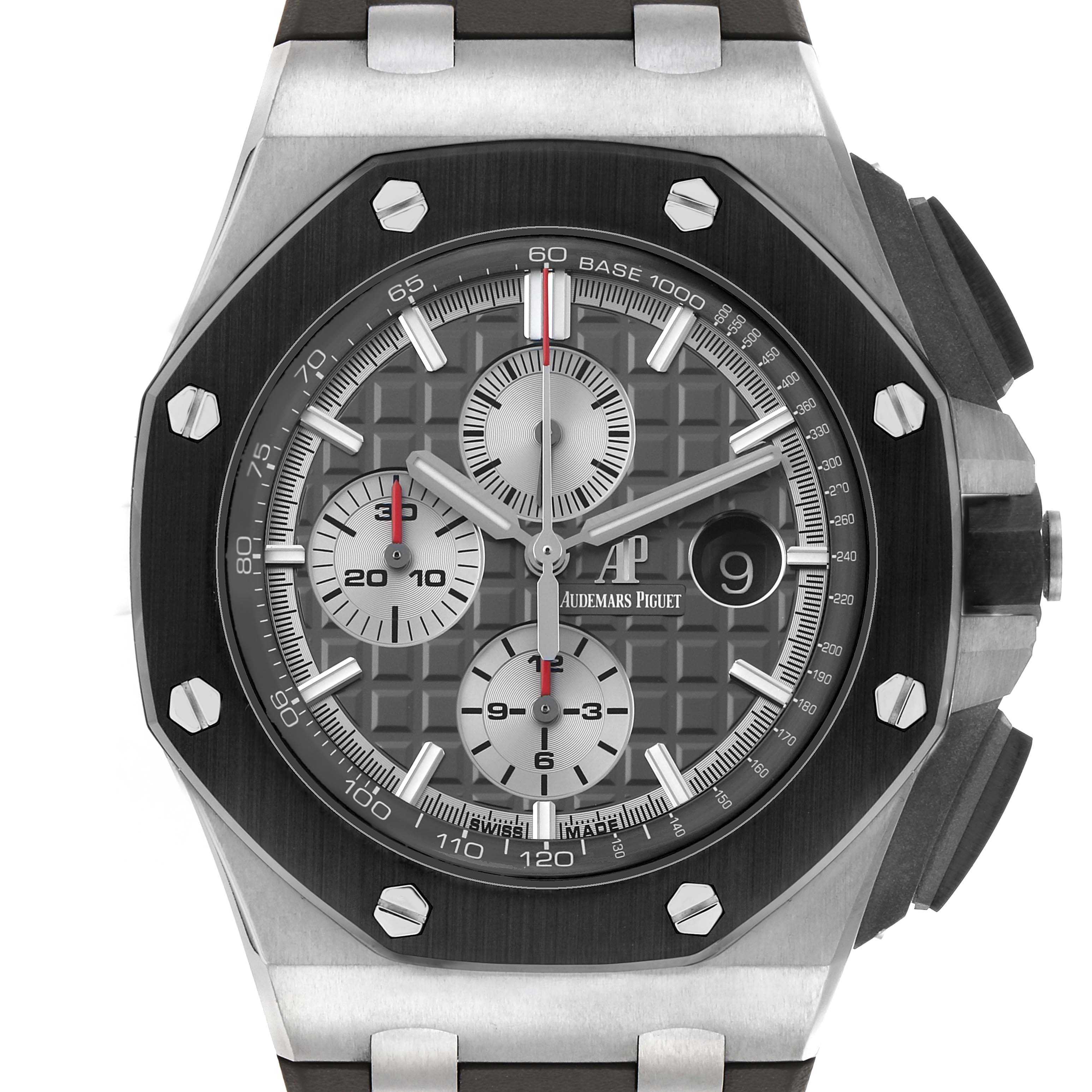 The Audemars Piguet Royal Oak Offshore 26400IO.OO.A004CA.01 Men's Titanium Grey Dial watch is shown from the front, highlighting the dial, bezel, and pushers.