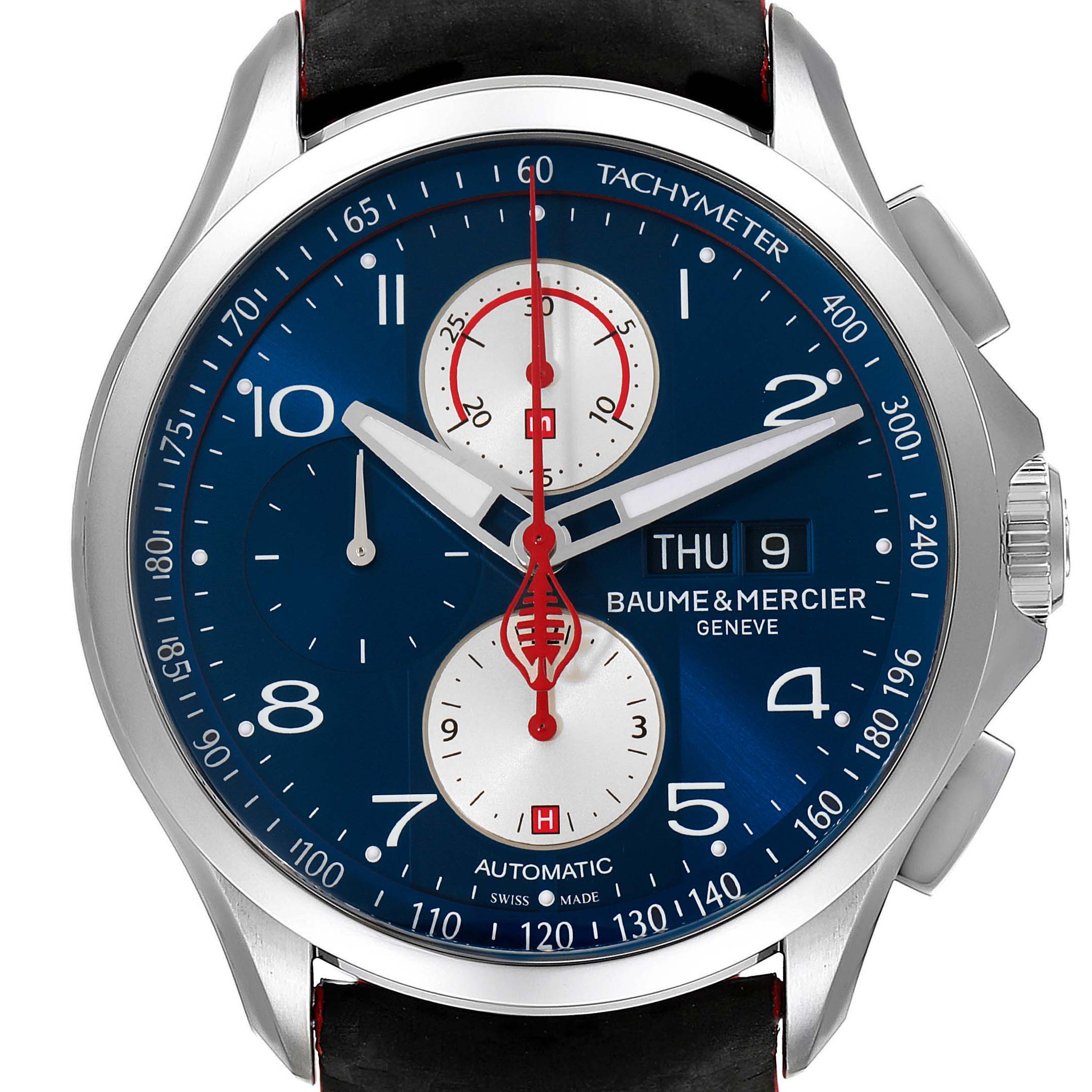 The image shows a front view of the Baume & Mercier Clifton M0A10343 Men's Stainless Steel Blue Dial M0A10343 Men's Stainless Steel Blue Dial watch, highlighting the dial, hands, date, and chronograph features.