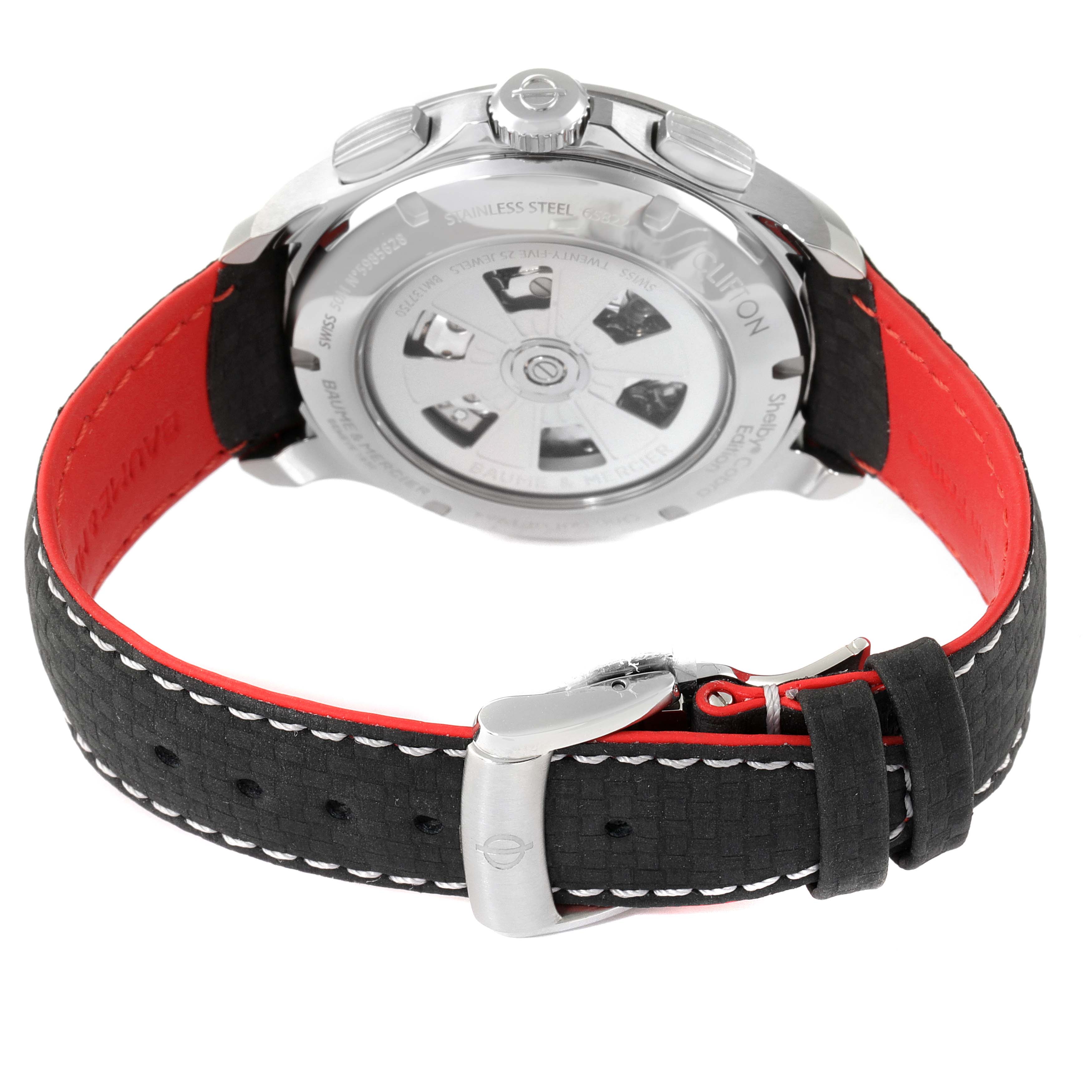 The image shows the back view of a Baume & Mercier Clifton M0A10343 Men's Stainless Steel Blue Dial M0A10343 Men's Stainless Steel Blue Dial watch with its distinctive clasp and leather strap.