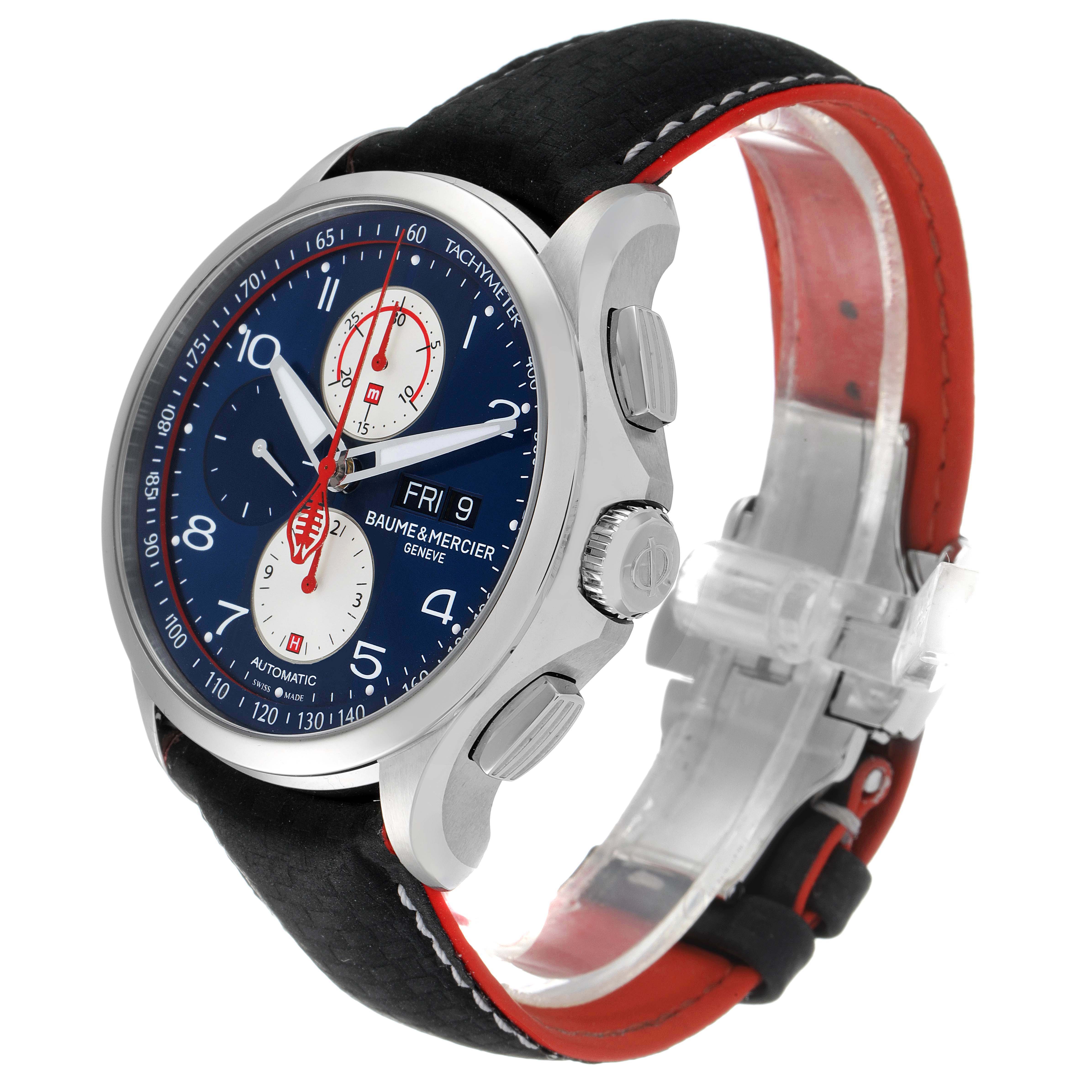 The image shows a side angle of a Baume & Mercier Clifton M0A10343 Men's Stainless Steel Blue Dial M0A10343 Men's Stainless Steel Blue Dial watch, highlighting the dial, case, and strap.