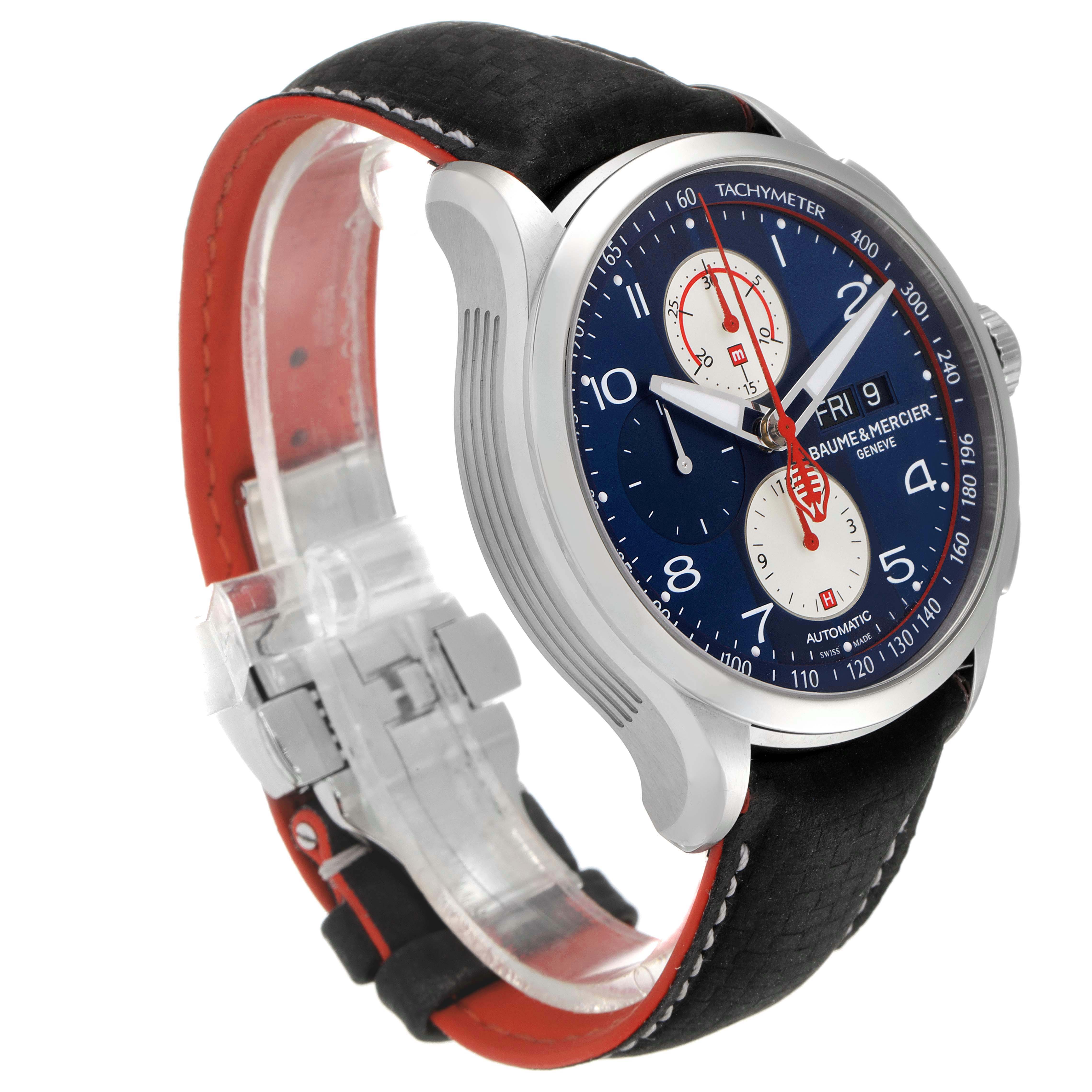 The image shows a side angle view of the Baume & Mercier Clifton M0A10343 Men's Stainless Steel Blue Dial M0A10343 Men's Stainless Steel Blue Dial model watch with a visible dial, the strap, and clasp.