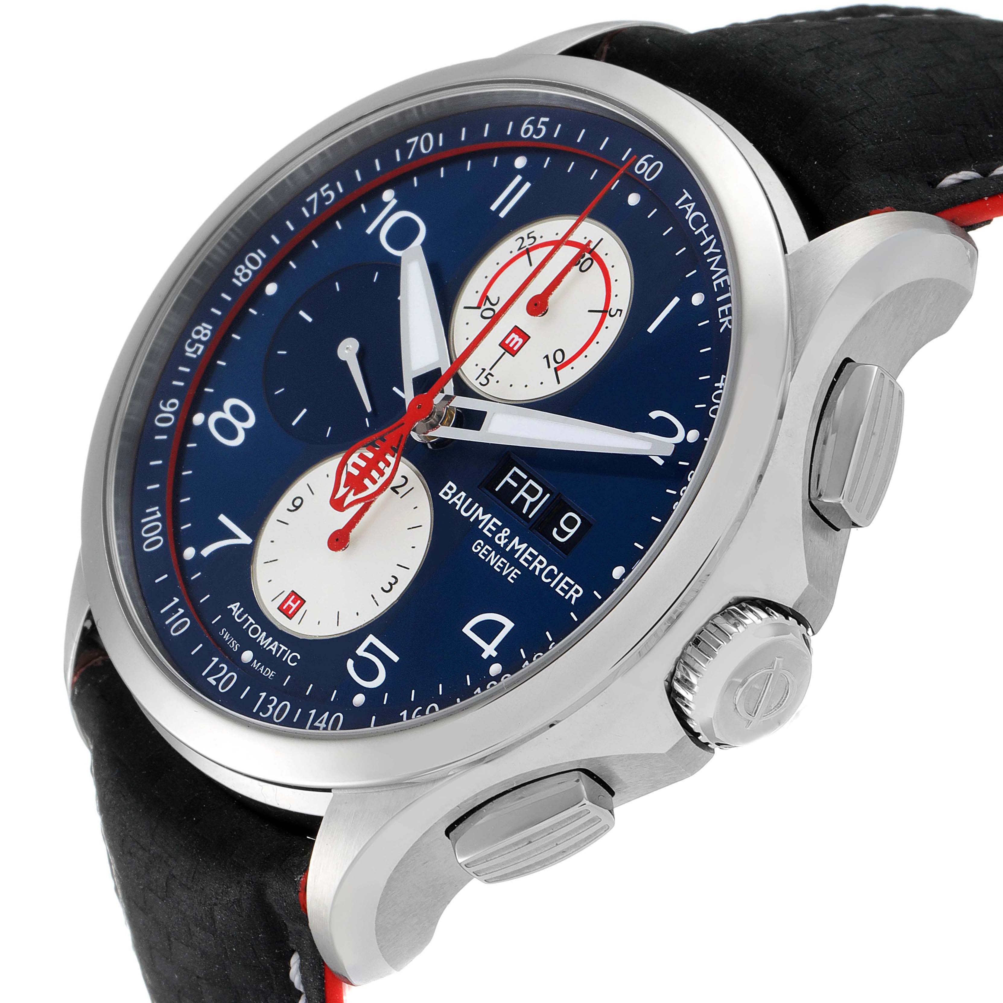 The image shows a side and partial front view of the Baume & Mercier Clifton M0A10343 Men's Stainless Steel Blue Dial M0A10343 Men's Stainless Steel Blue Dial watch, highlighting the crown, pushers, and tachymeter bezel.