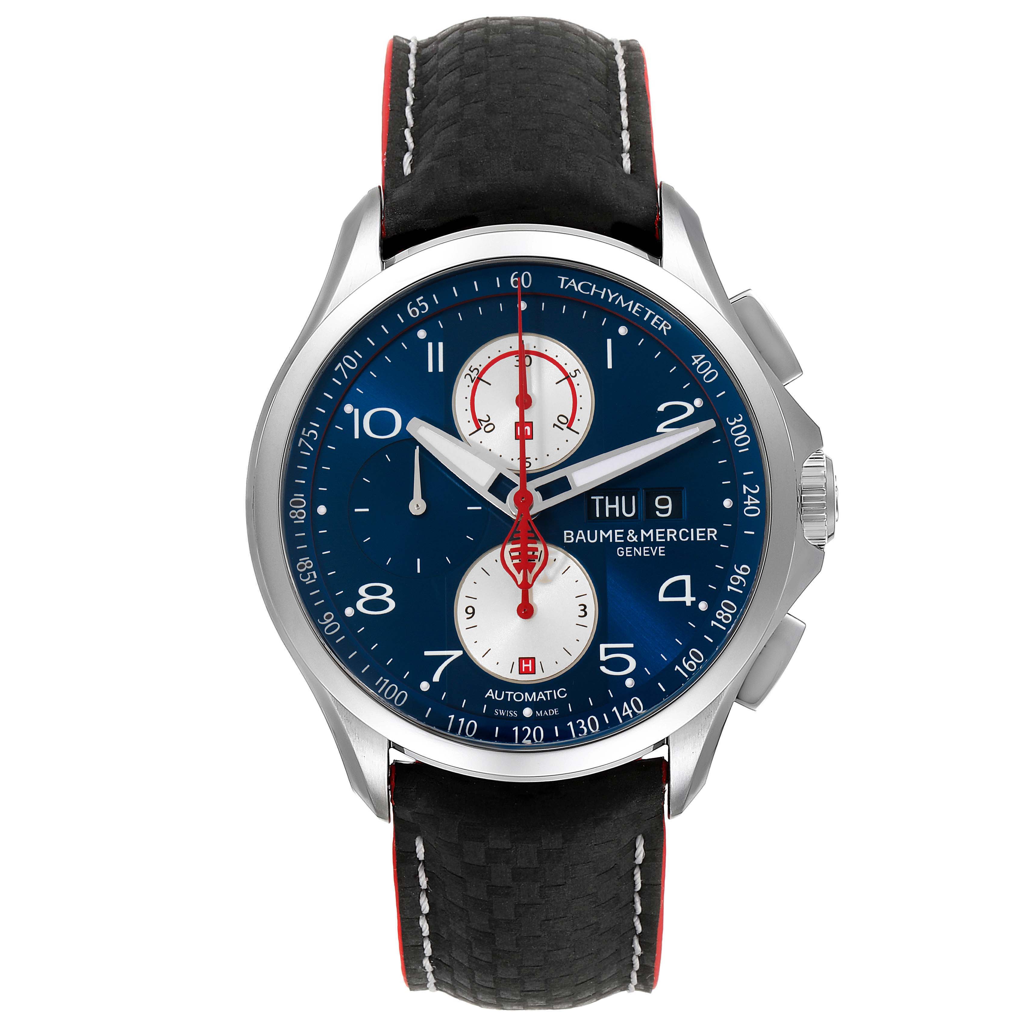 This is a front view of the Baume & Mercier Clifton M0A10343 Men's Stainless Steel Blue Dial M0A10343 Men's Stainless Steel Blue Dial watch, showcasing its dial, hands, and strap.