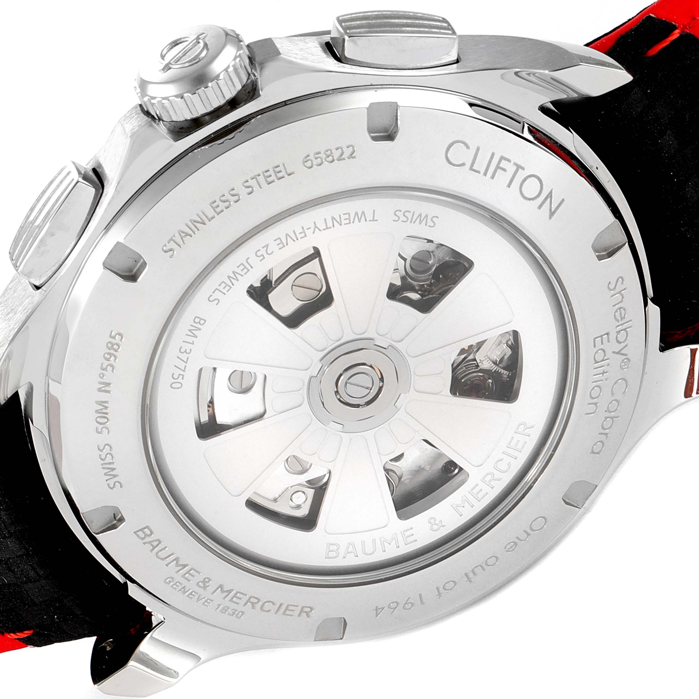 The image shows the back view of a Clifton model watch by Baume & Mercier, highlighting its rotor and engravings.