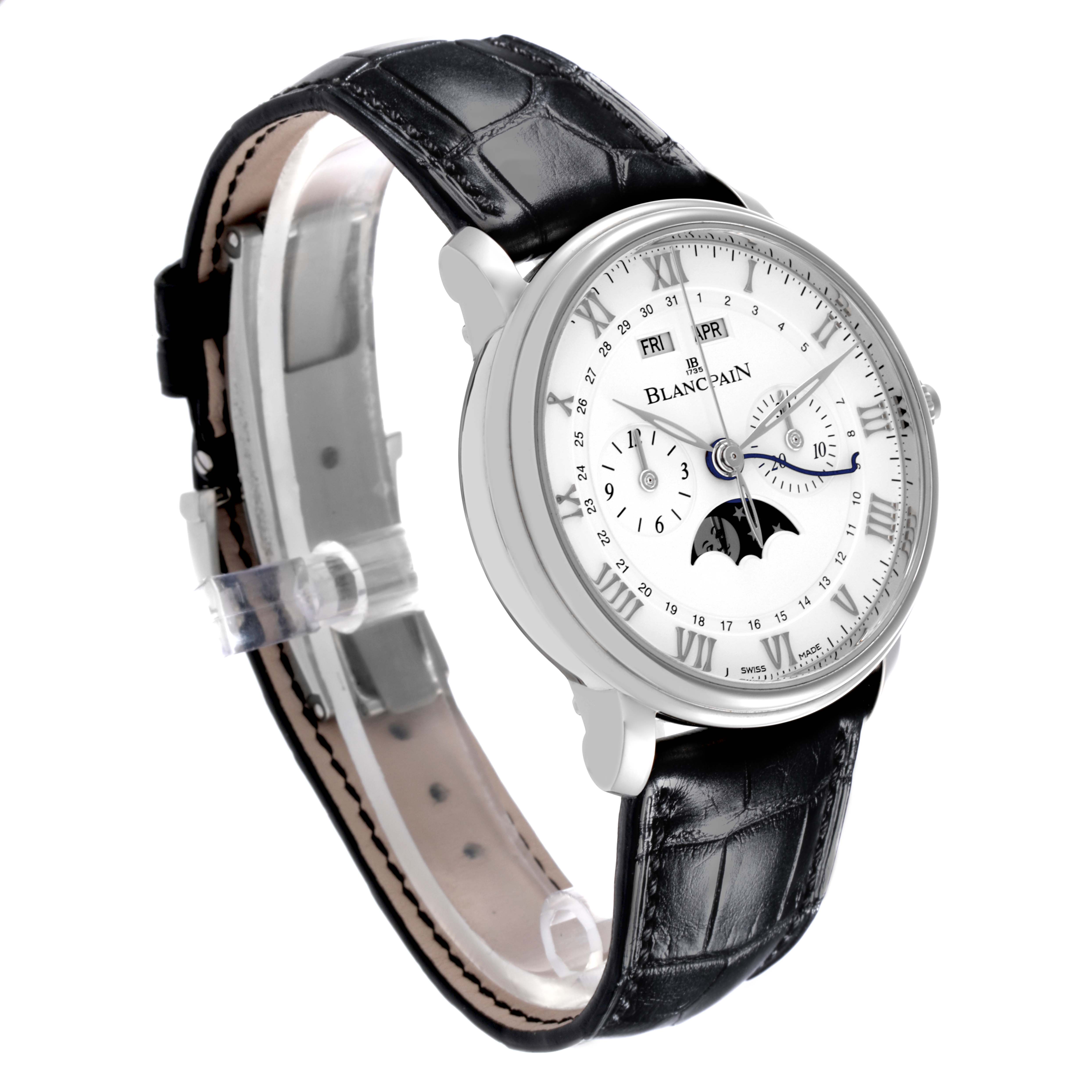 The Blancpain Villeret 6685-1127-55B Men's Stainless Steel White Dial 6685-1127-55B Men's Stainless Steel White Dial watch is shown at a three-quarter angle, featuring the dial, case, and leather strap.