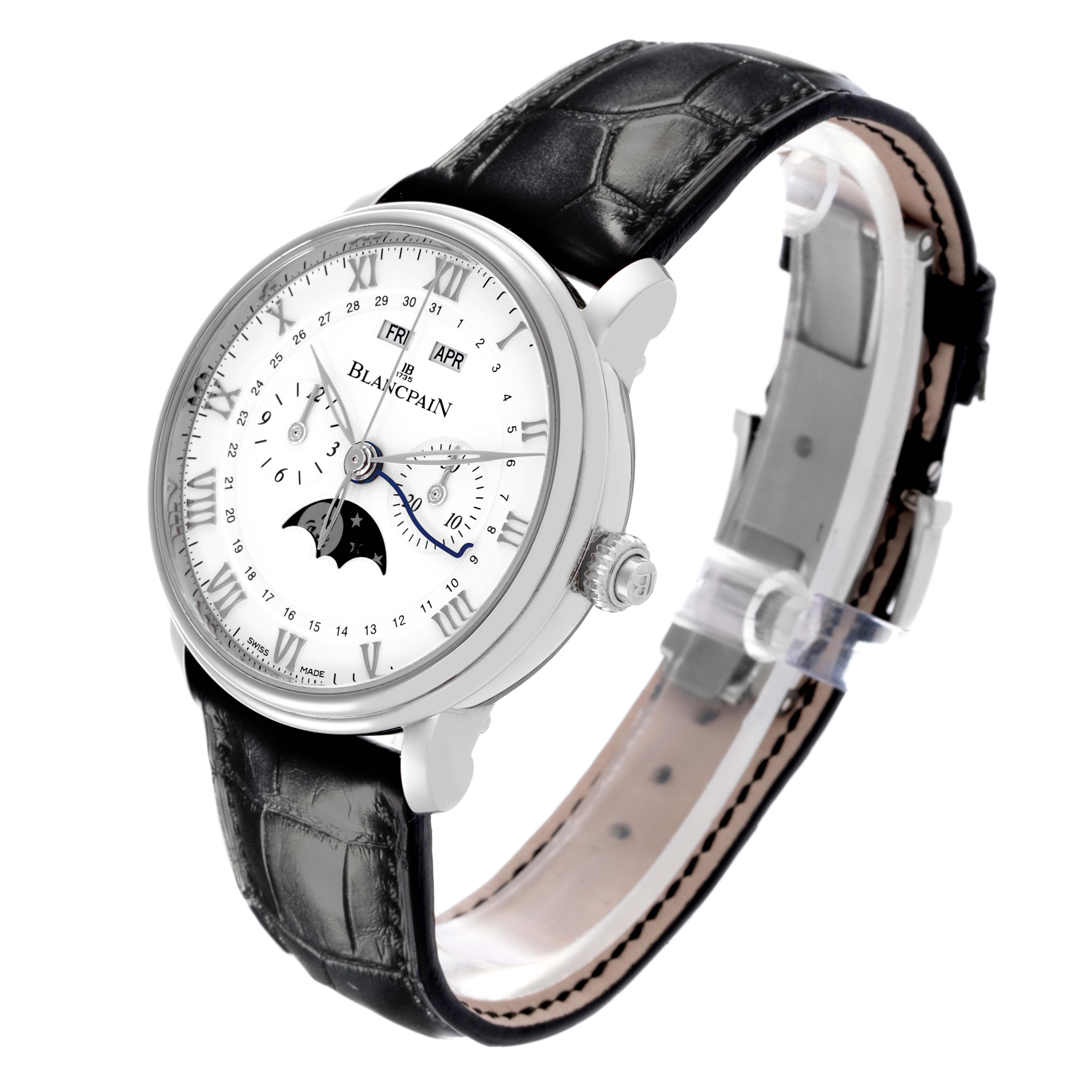 The Blancpain Villeret 6685-1127-55B Men's Stainless Steel White Dial 6685-1127-55B Men's Stainless Steel White Dial watch is shown at a three-quarter angle, highlighting the face, leather strap, and side crown.