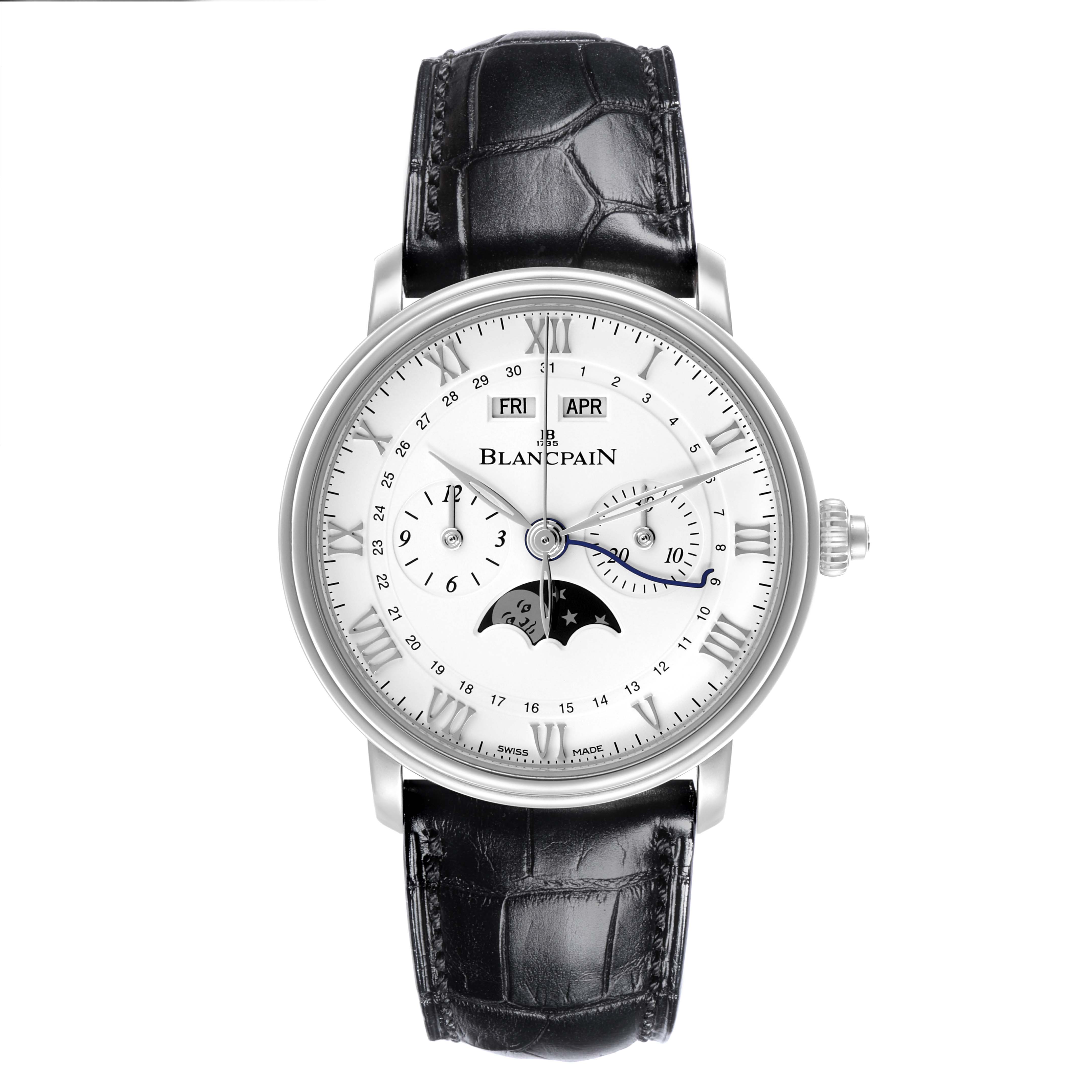 The Blancpain Villeret 6685-1127-55B Men's Stainless Steel White Dial 6685-1127-55B Men's Stainless Steel White Dial model watch is shown from a front angle, featuring its dial, case, hands, indices, and leather strap.