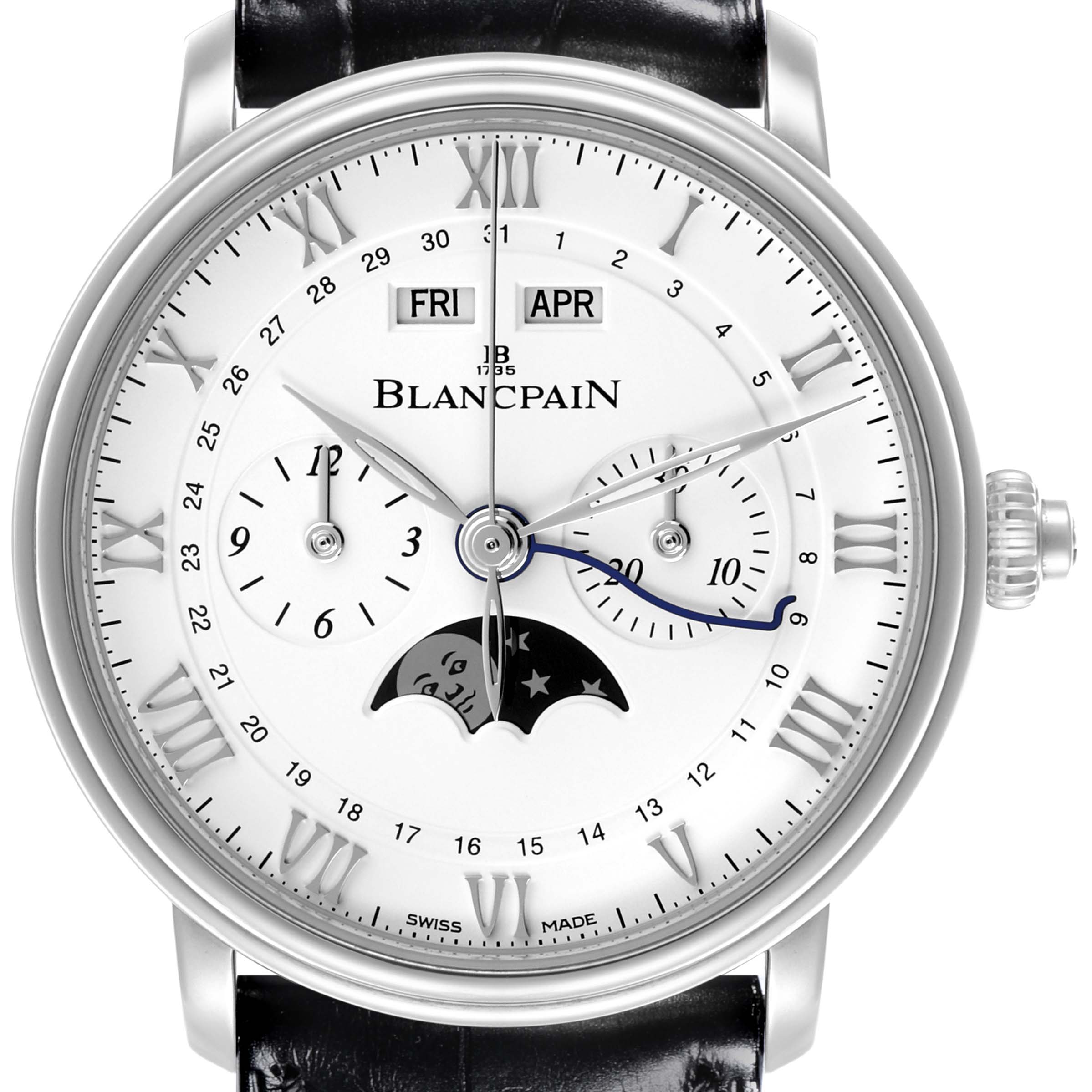 The Blancpain Villeret 6685-1127-55B Men's Stainless Steel White Dial 6685-1127-55B Men's Stainless Steel White Dial watch is shown from a front angle, displaying its dial, Roman numerals, moon phase, and black leather strap.