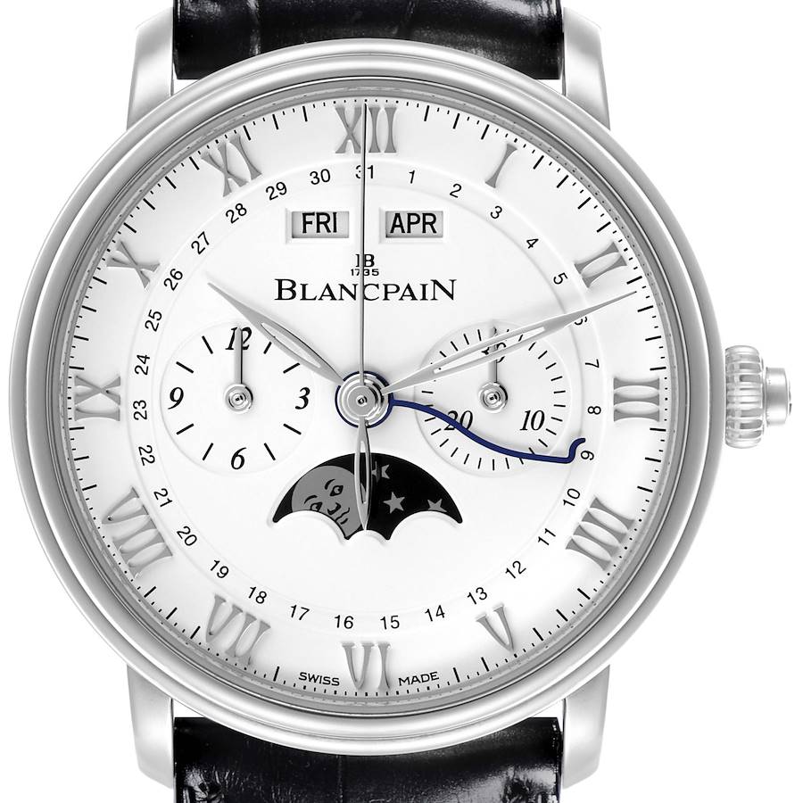 The Blancpain Villeret watch is shown from a front angle, displaying its dial, Roman numerals, moon phase, and black leather strap.