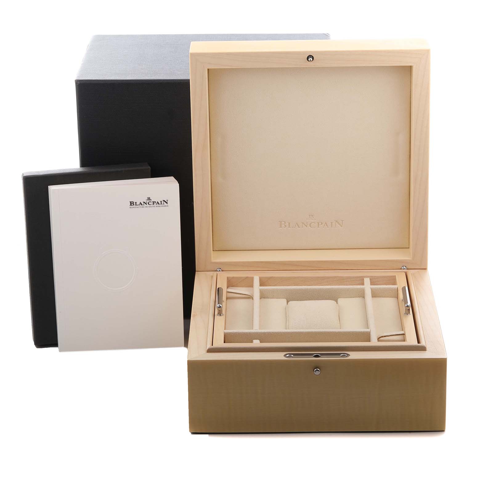 The image shows a Villeret model by Blancpain watch box, open with compartments and brand details visible.