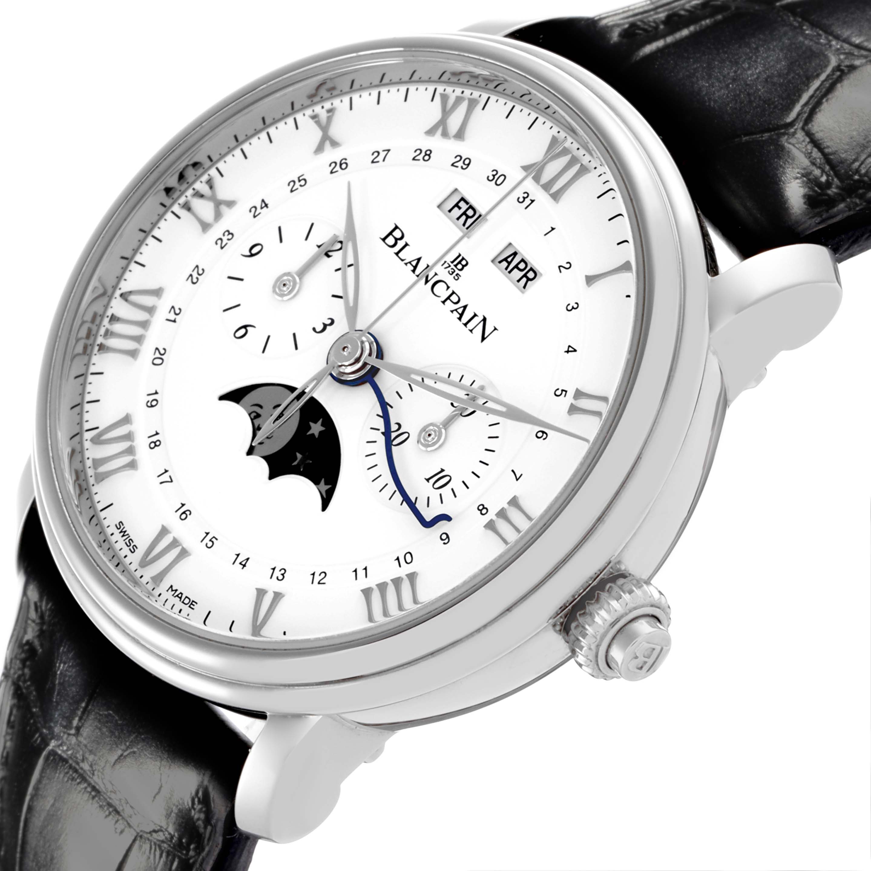 The Blancpain Villeret 6685-1127-55B Men's Stainless Steel White Dial 6685-1127-55B Men's Stainless Steel White Dial watch is shown at an angled side view, highlighting its dial with date, moon phase, and subdials.
