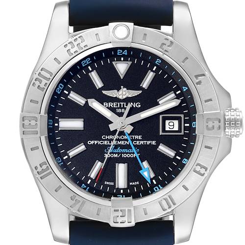 The Breitling Avenger A32390 Men's Stainless Steel Black Dial watch is shown from the front, highlighting the bezel, dial, hands, and date window.