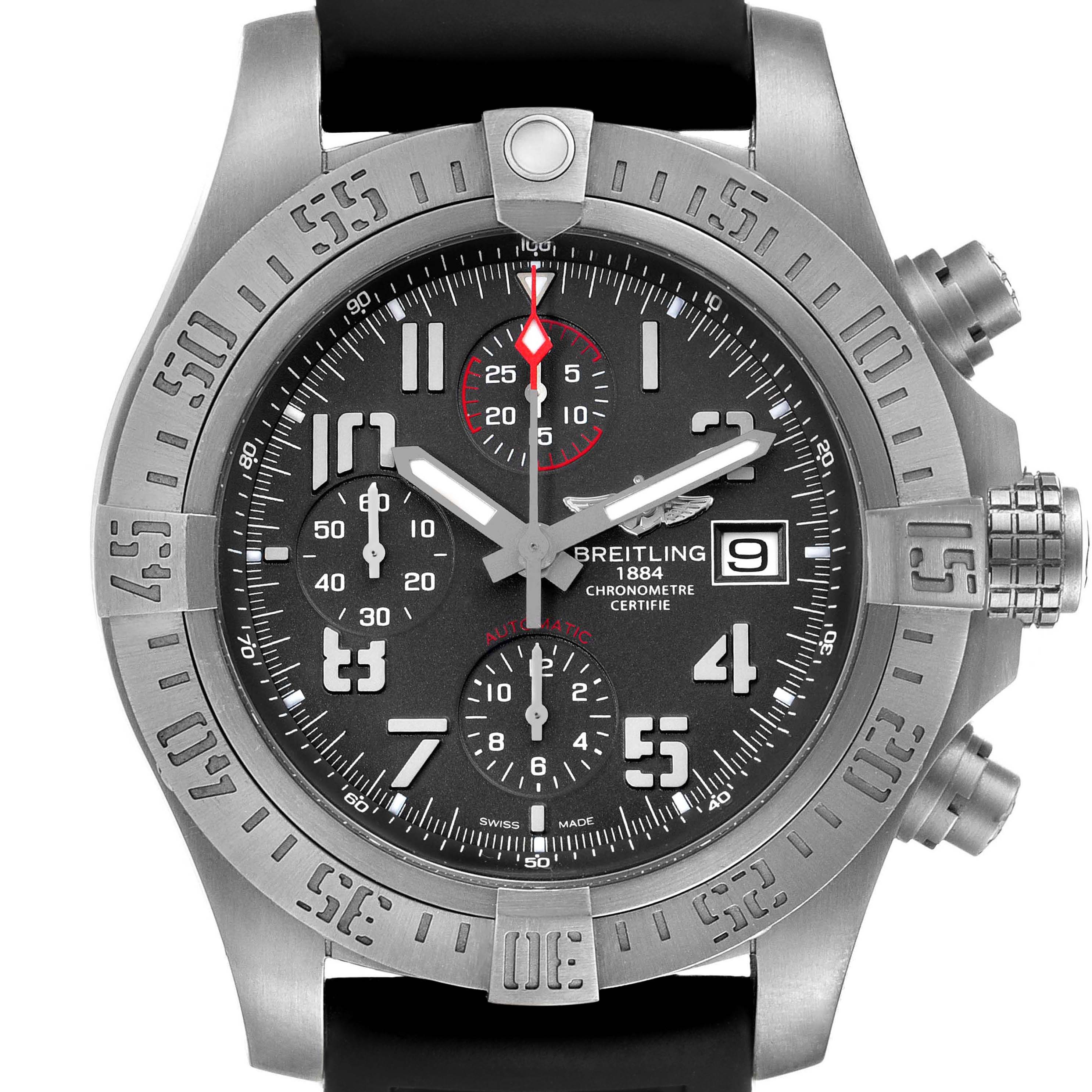 The Breitling Avenger E13383 Men's Titanium Grey Dial watch is shown from a front angle, highlighting the dial, bezel, crown, and chronograph pushers.