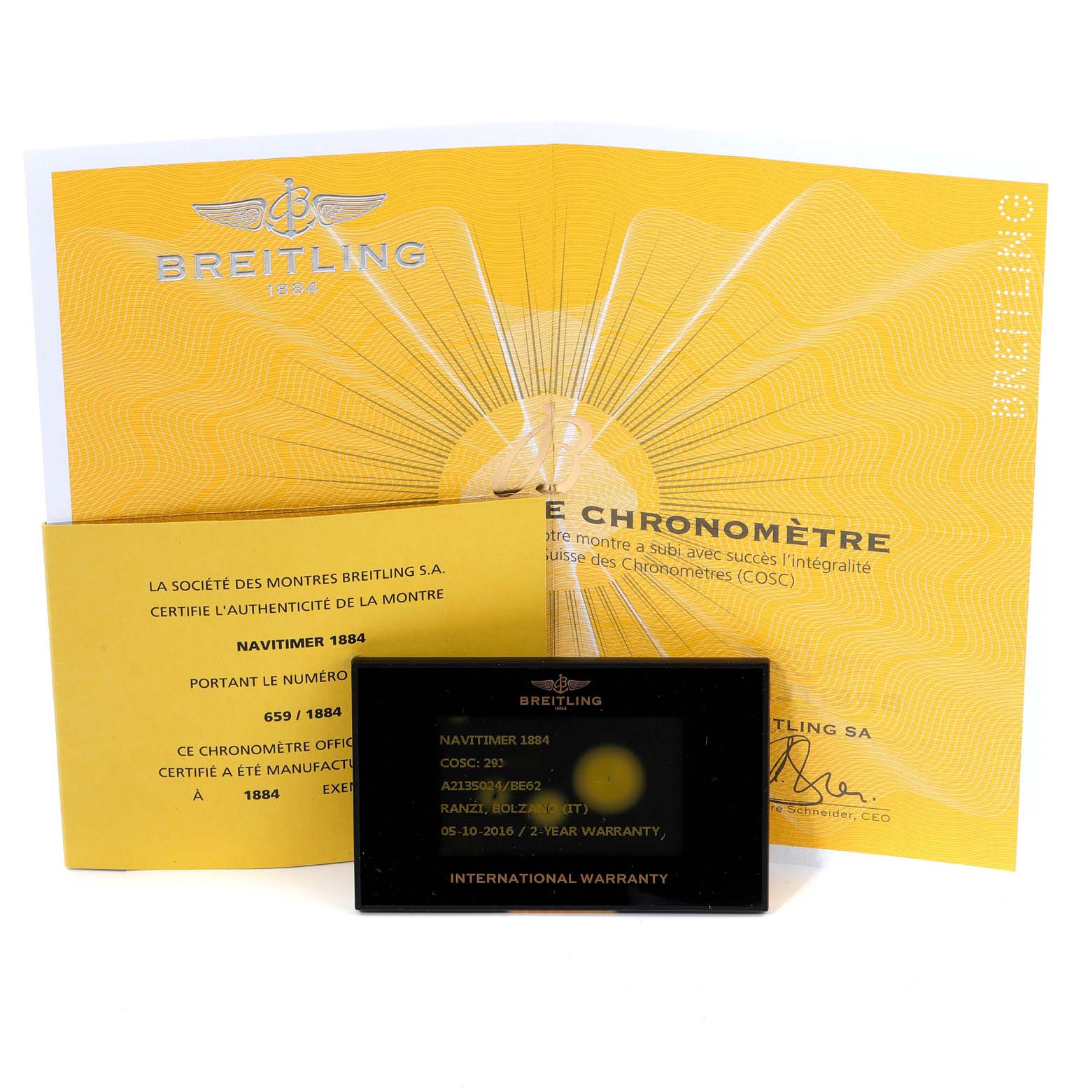 The image shows Breitling Navitimer A2135024/BE62-453A Men's Stainless Steel Black Dial A2135024/BE62-453A Men's Stainless Steel Black Dial model documentation and warranty card from a frontal angle.