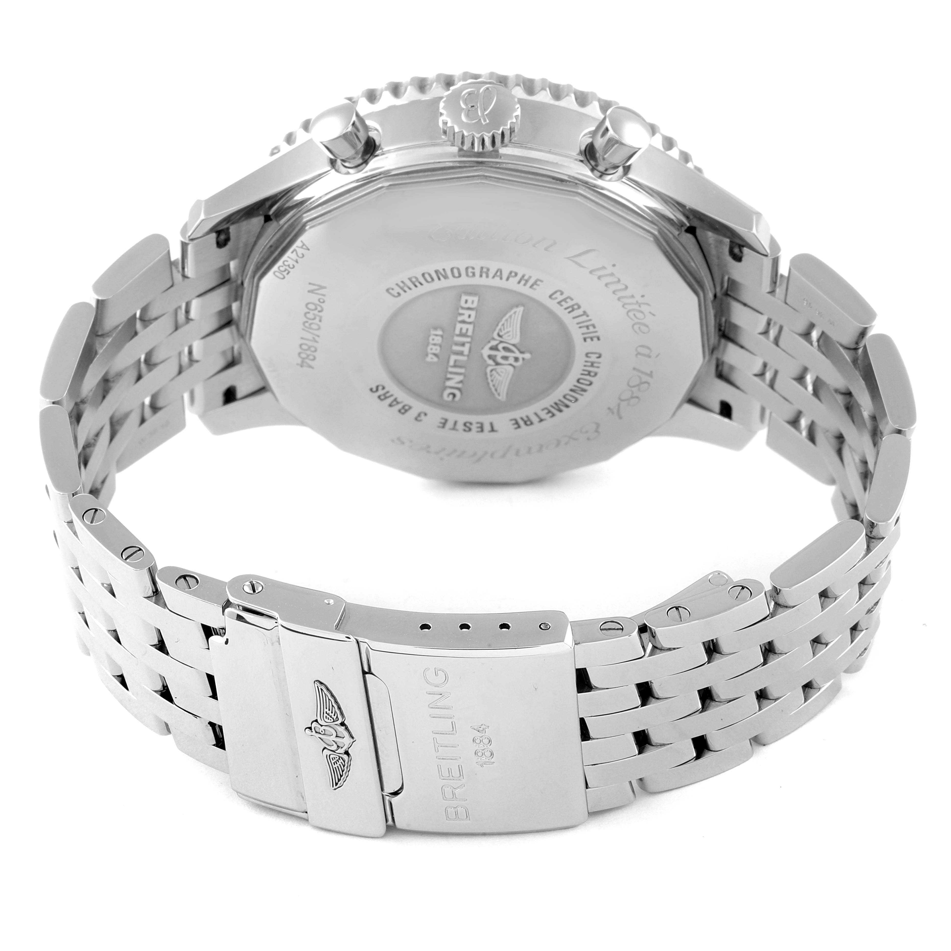 This image shows the back case and clasp of a Breitling Navitimer A2135024/BE62-453A Men's Stainless Steel Black Dial A2135024/BE62-453A Men's Stainless Steel Black Dial watch, highlighting its bracelet and engraved details.