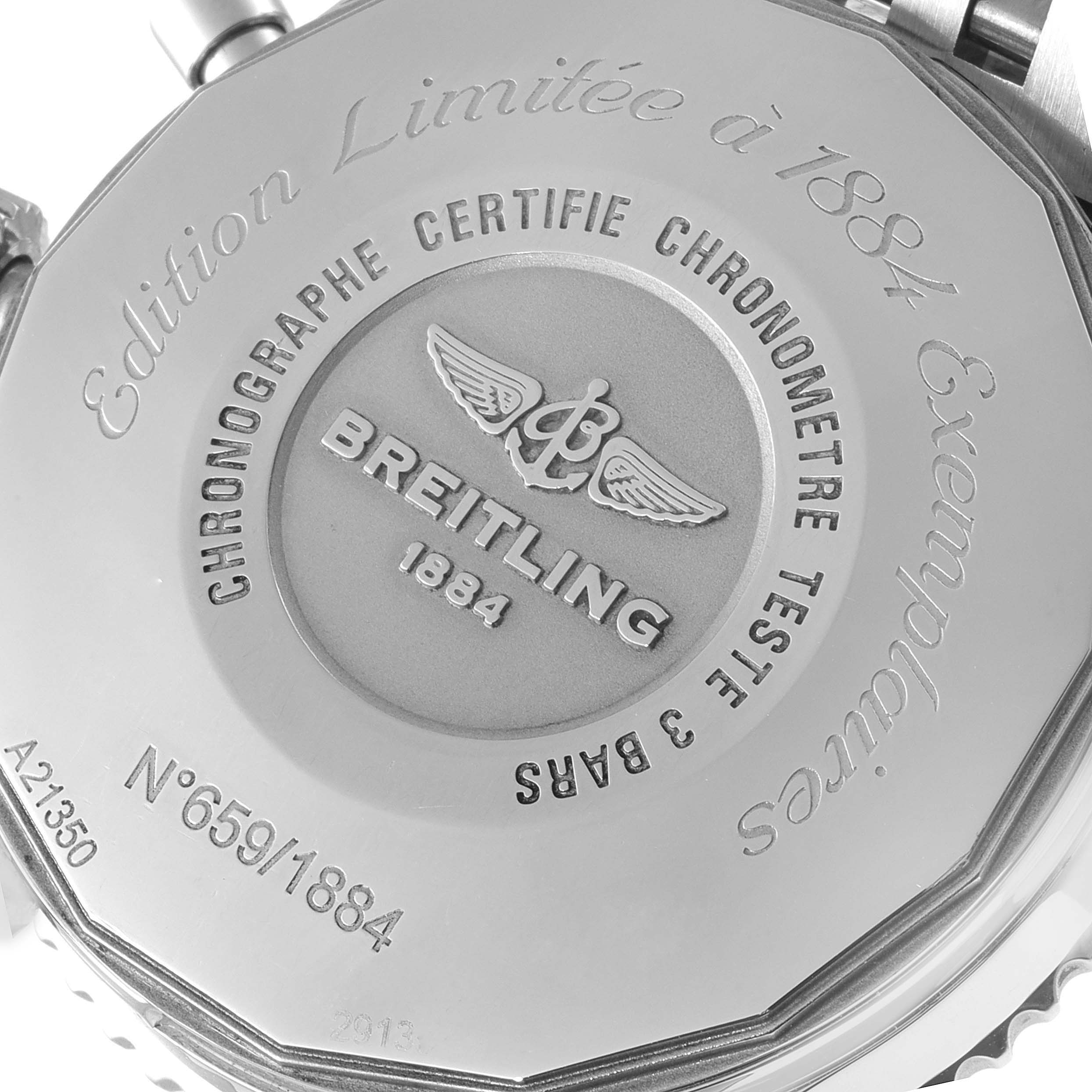 The image shows the engraved back case of a Breitling Navitimer A2135024/BE62-453A Men's Stainless Steel Black Dial A2135024/BE62-453A Men's Stainless Steel Black Dial watch shot from a straight-on angle.