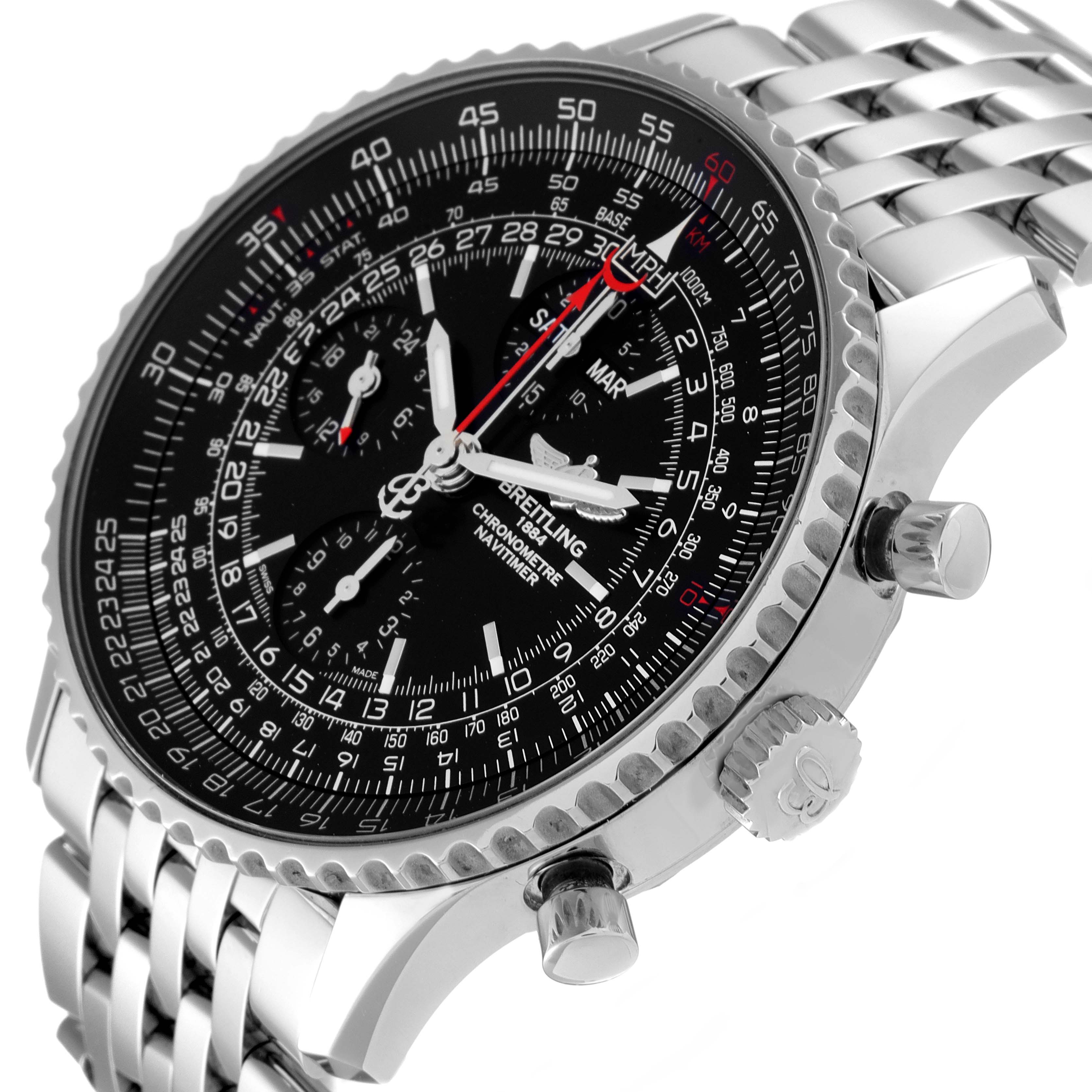 This image shows the Breitling Navitimer A2135024/BE62-453A Men's Stainless Steel Black Dial A2135024/BE62-453A Men's Stainless Steel Black Dial watch at a slight angle, highlighting the face and steel bracelet.