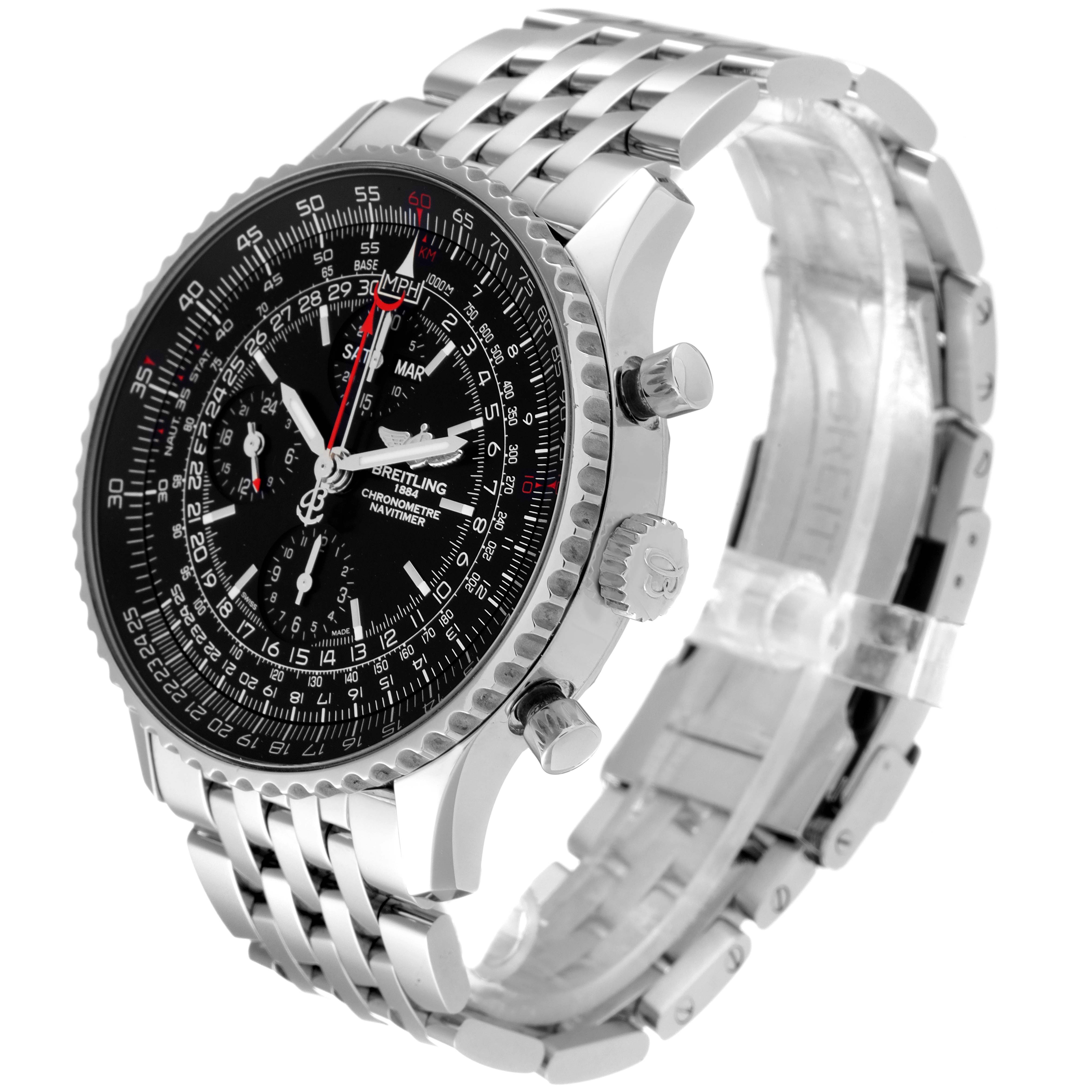 The image shows a Breitling Navitimer A2135024/BE62-453A Men's Stainless Steel Black Dial A2135024/BE62-453A Men's Stainless Steel Black Dial watch at an angle highlighting its face, bezel, crown, pushers, and metal bracelet.