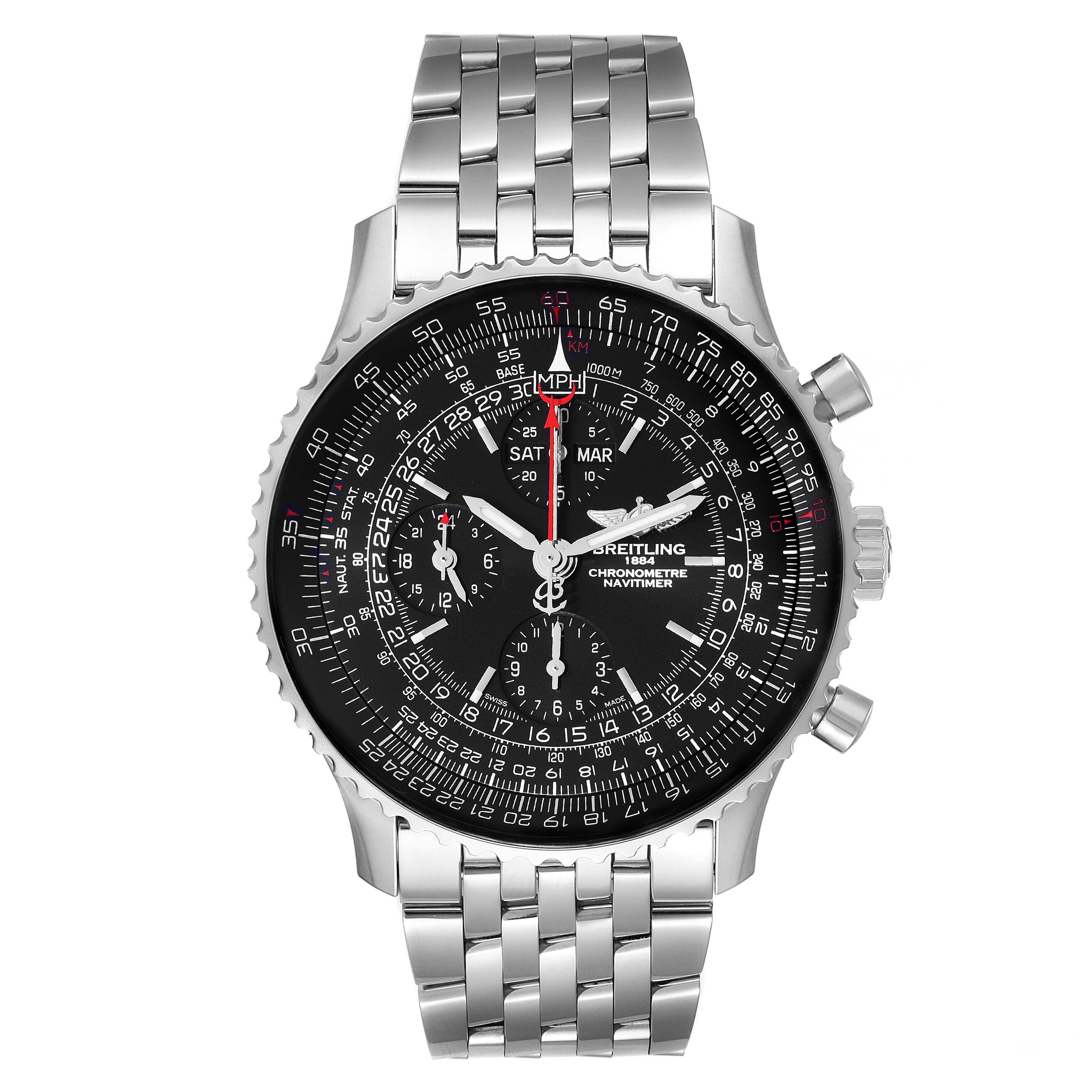 This image shows a Breitling Navitimer A2135024/BE62-453A Men's Stainless Steel Black Dial A2135024/BE62-453A Men's Stainless Steel Black Dial watch from a front angle, displaying the watch face and metal bracelet.