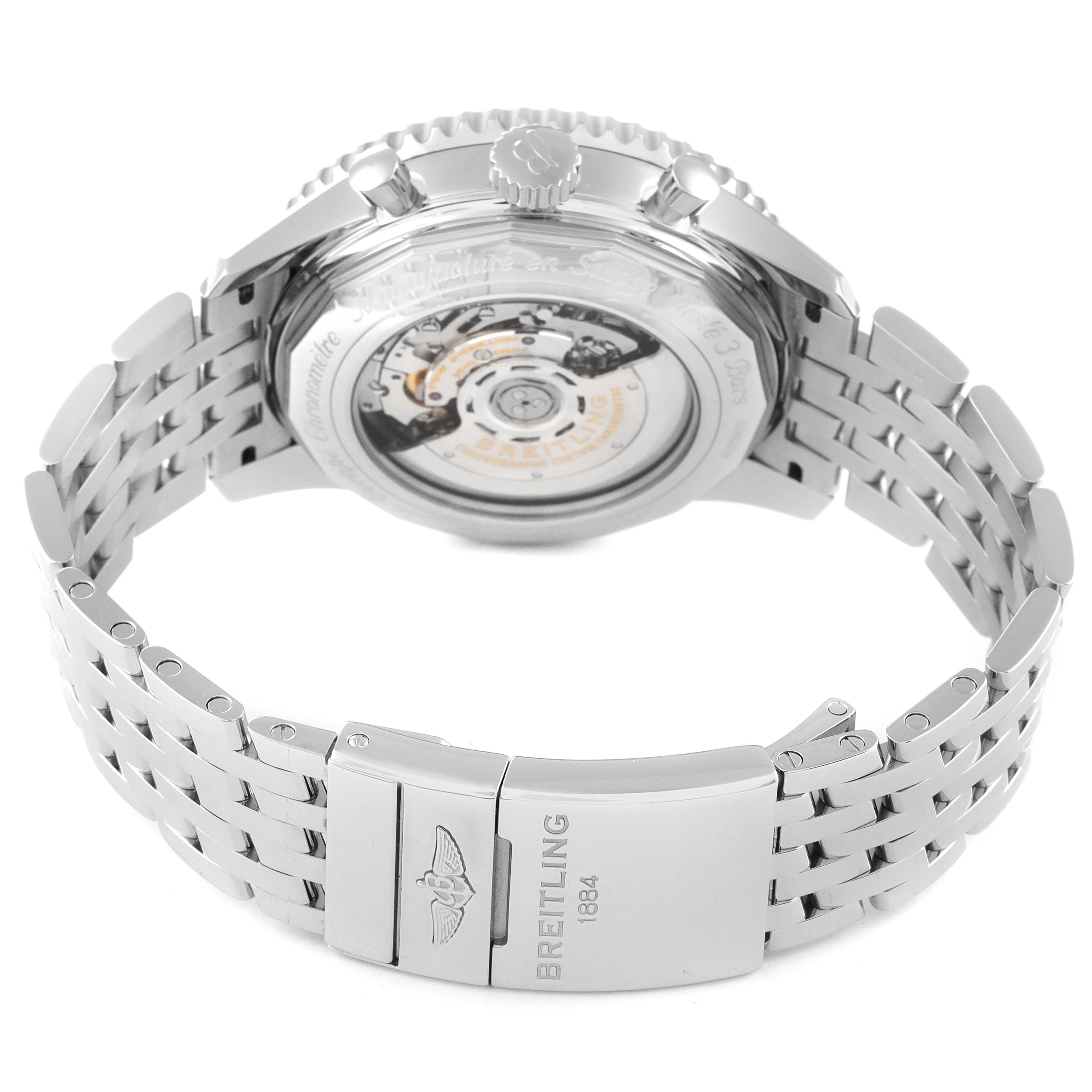 The image shows the back of the Breitling Navitimer AB044121/BD24/443A Men's Stainless Steel Black Dial AB044121/BD24/443A Men's Stainless Steel Black Dial watch, focusing on the transparent case back and metal bracelet.