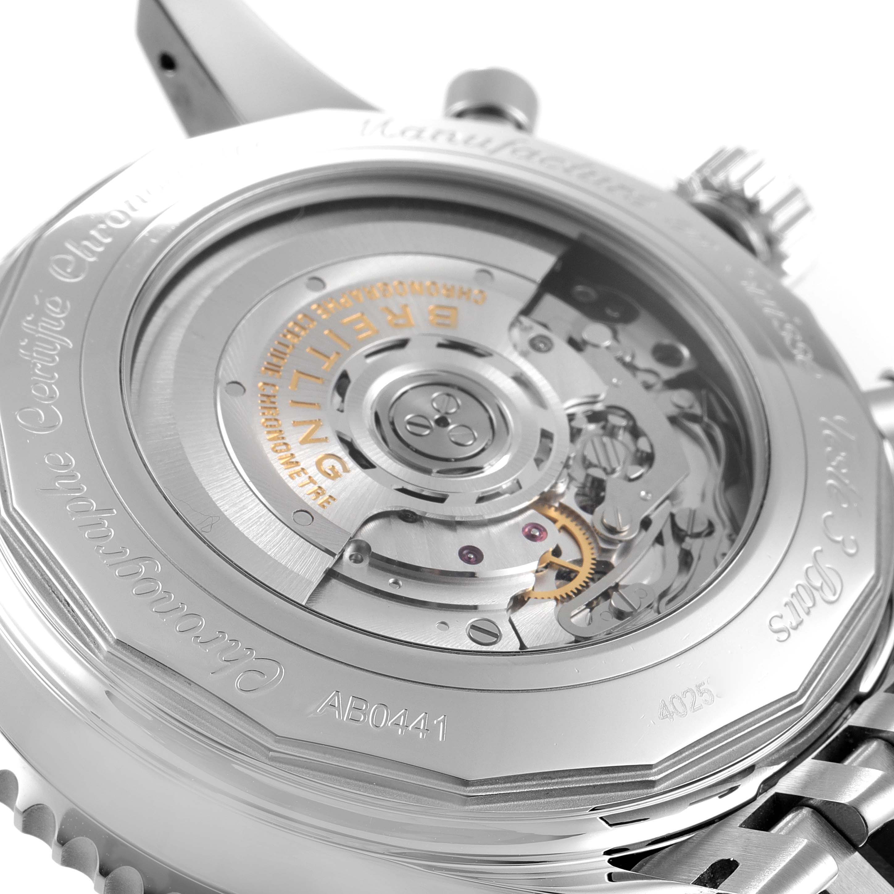 This image shows the back of a Breitling Navitimer AB044121/BD24/443A Men's Stainless Steel Black Dial AB044121/BD24/443A Men's Stainless Steel Black Dial watch, highlighting the movement and engravings.