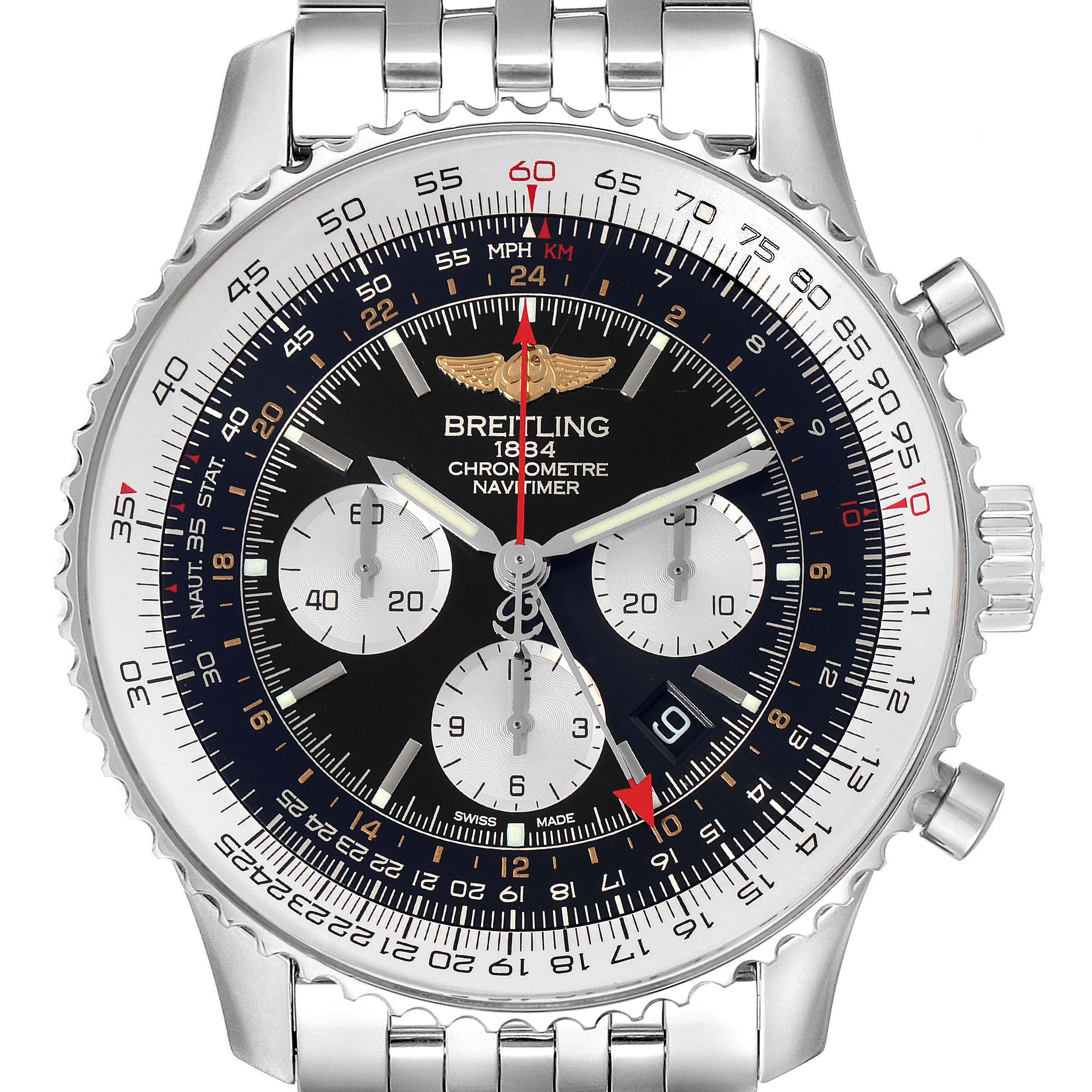 This is a front view of the Breitling Navitimer AB044121/BD24/443A Men's Stainless Steel Black Dial AB044121/BD24/443A Men's Stainless Steel Black Dial watch, showcasing its dial, bezel, and part of the metal bracelet.
