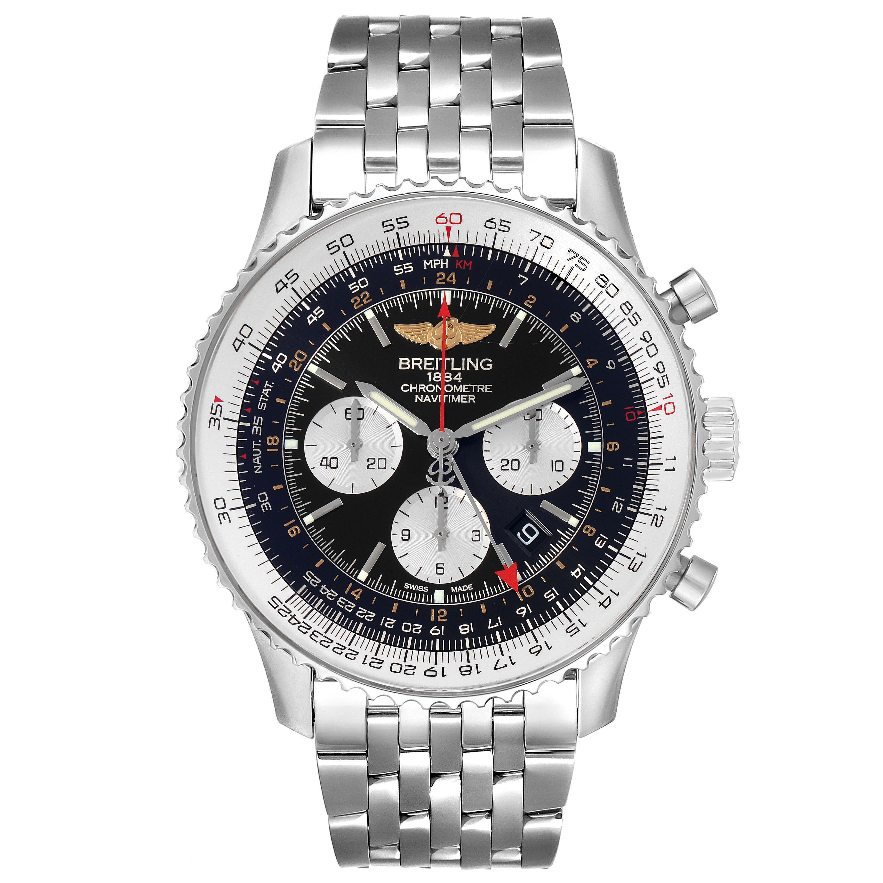 The image shows a front view of a Breitling Navitimer AB044121/BD24/443A Men's Stainless Steel Black Dial AB044121/BD24/443A Men's Stainless Steel Black Dial watch, displaying its bezel, dial, sub-dials, and metal bracelet.