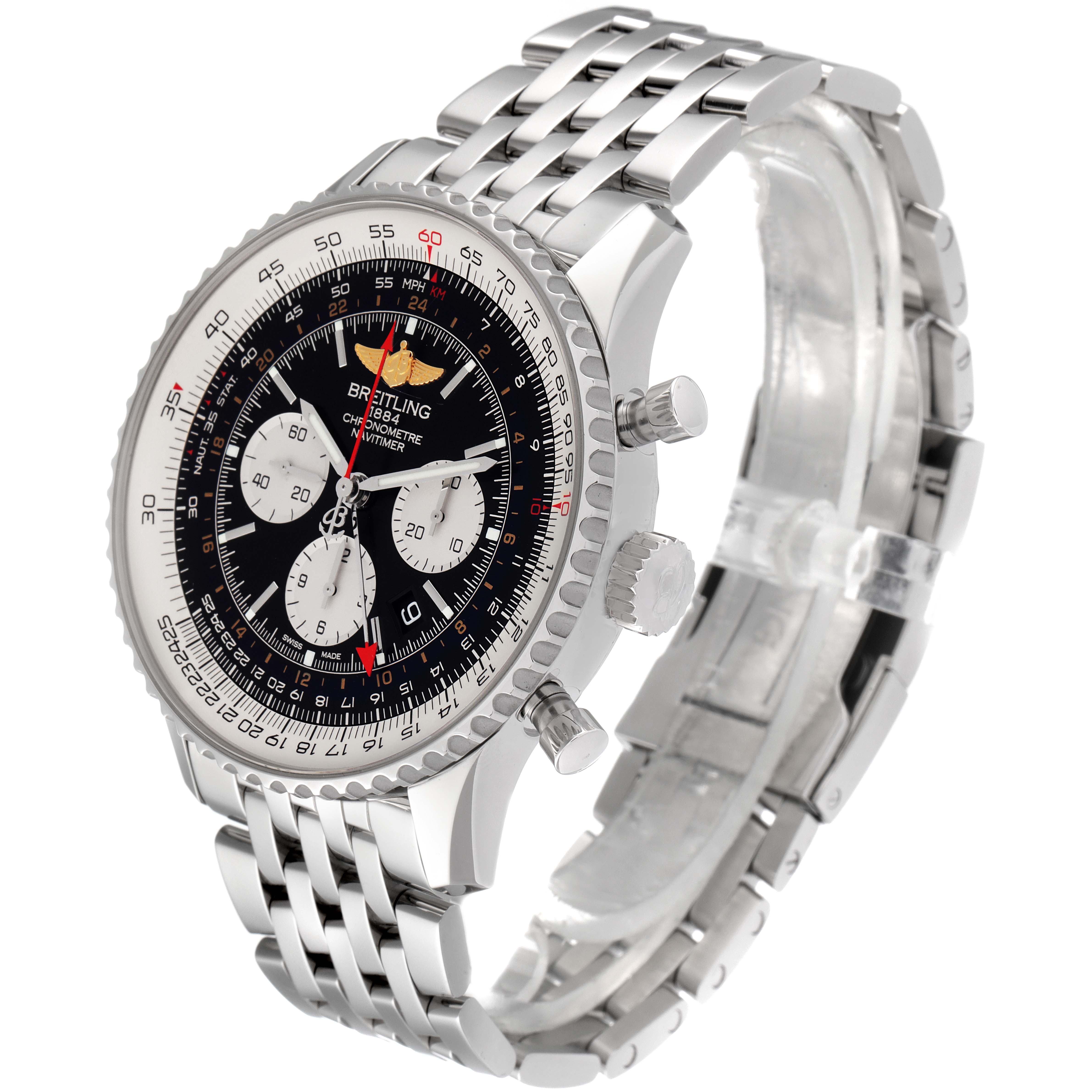 The Breitling Navitimer AB044121/BD24/443A Men's Stainless Steel Black Dial AB044121/BD24/443A Men's Stainless Steel Black Dial watch is shown at an angle, highlighting its face, bezel, crown, pushers, and metal bracelet.