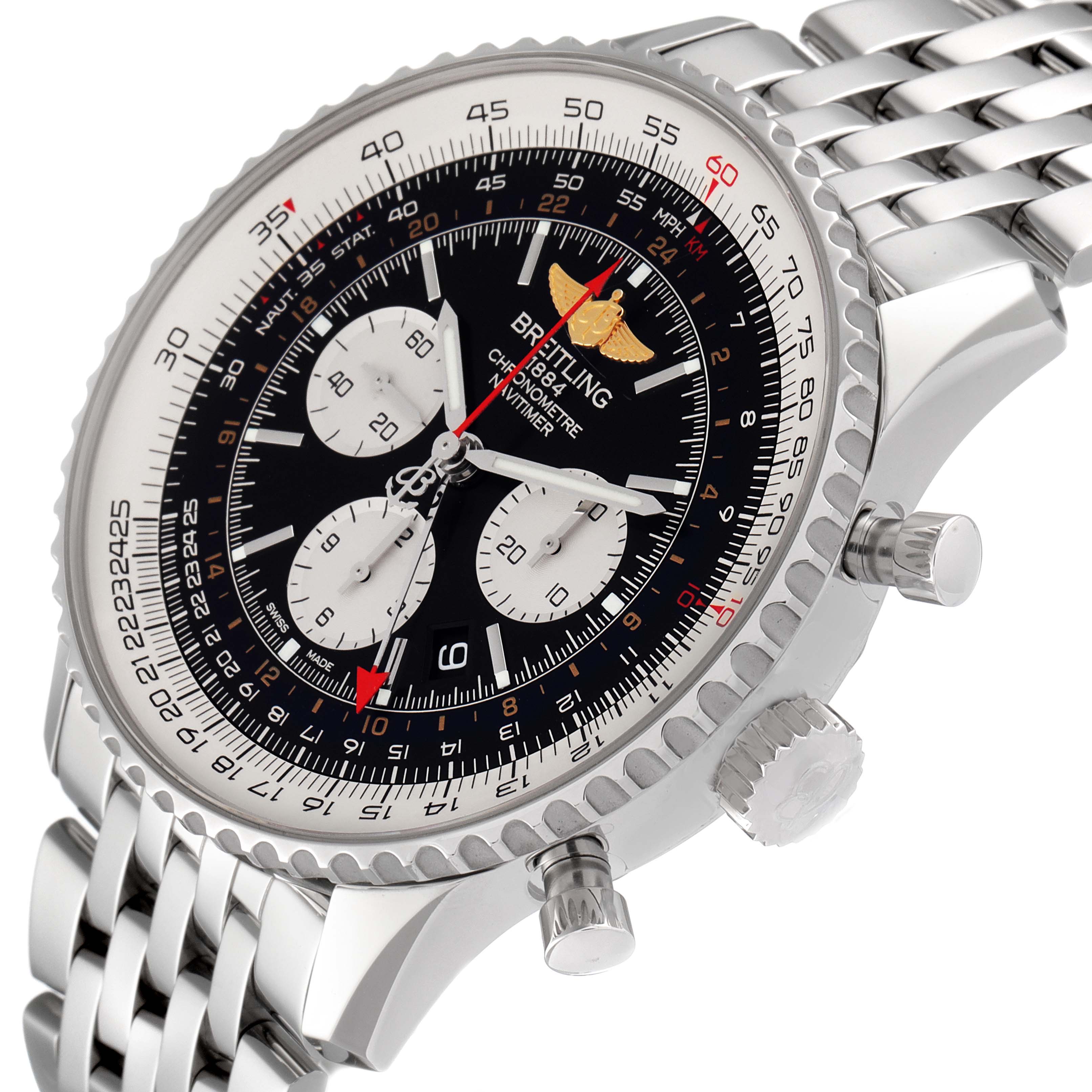 The image shows a Breitling Navitimer AB044121/BD24/443A Men's Stainless Steel Black Dial AB044121/BD24/443A Men's Stainless Steel Black Dial watch at an angle highlighting the dial, bezel, side crown, push buttons, and part of the metal bracelet.