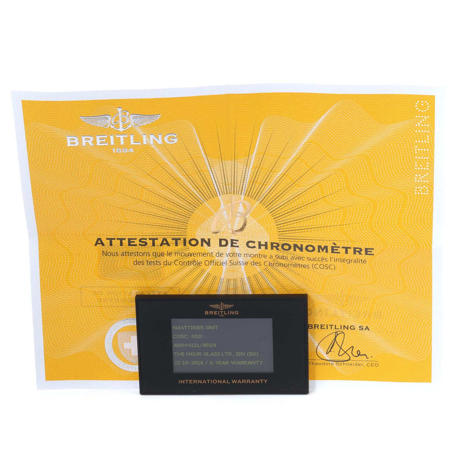 The image shows the warranty card and certification paperwork for the Breitling Navitimer AB044121/BD24/443A Men's Stainless Steel Black Dial AB044121/BD24/443A Men's Stainless Steel Black Dial watch model.