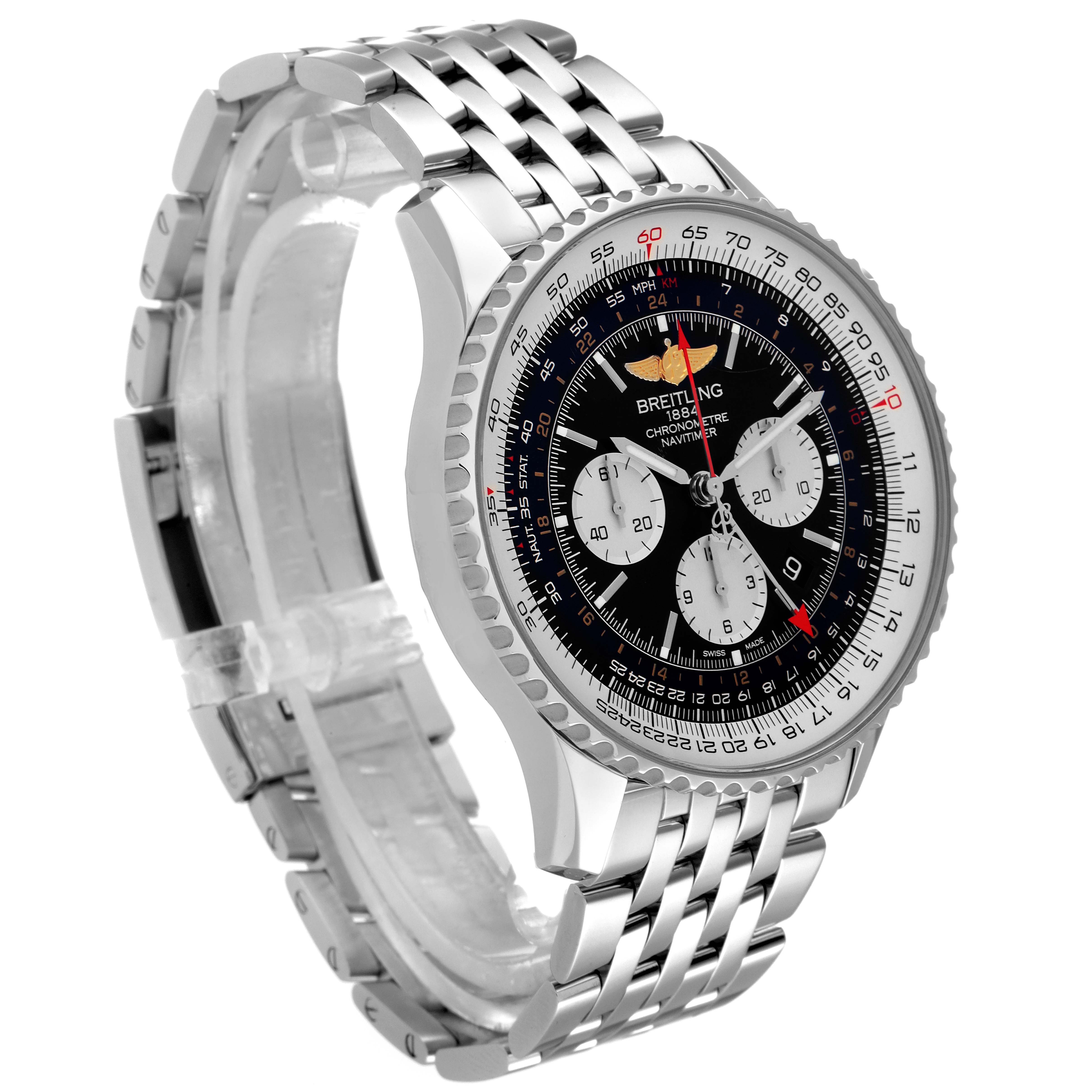 The image shows a side view of the Breitling Navitimer AB044121/BD24/443A Men's Stainless Steel Black Dial AB044121/BD24/443A Men's Stainless Steel Black Dial watch with a stainless steel bracelet and detailed black dial.