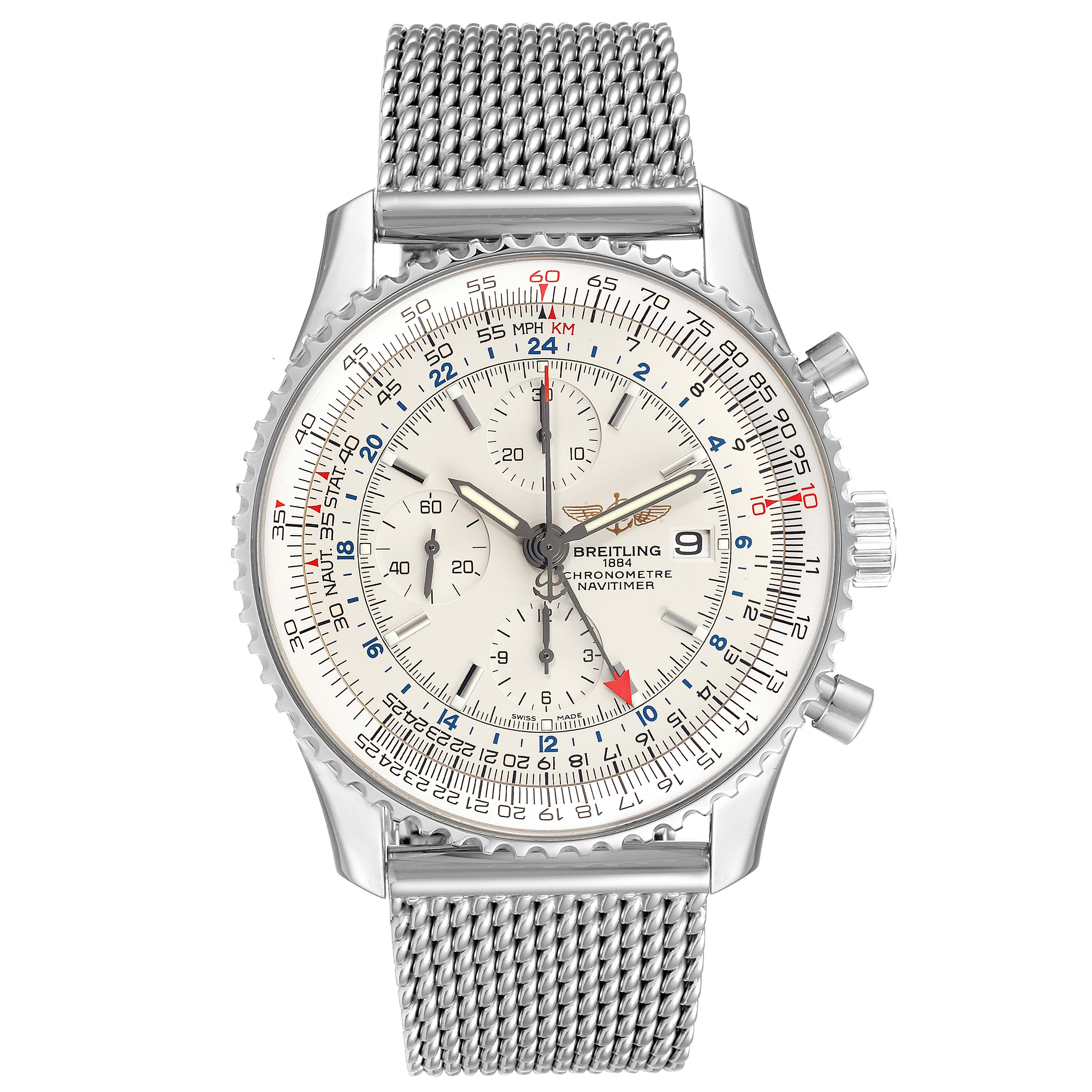 The image shows a frontal view of the Breitling Navitimer A24322 Men's Stainless Steel Silver Dial A24322 Men's Stainless Steel Silver Dial watch, highlighting its mesh strap, chronograph dials, and bezel.