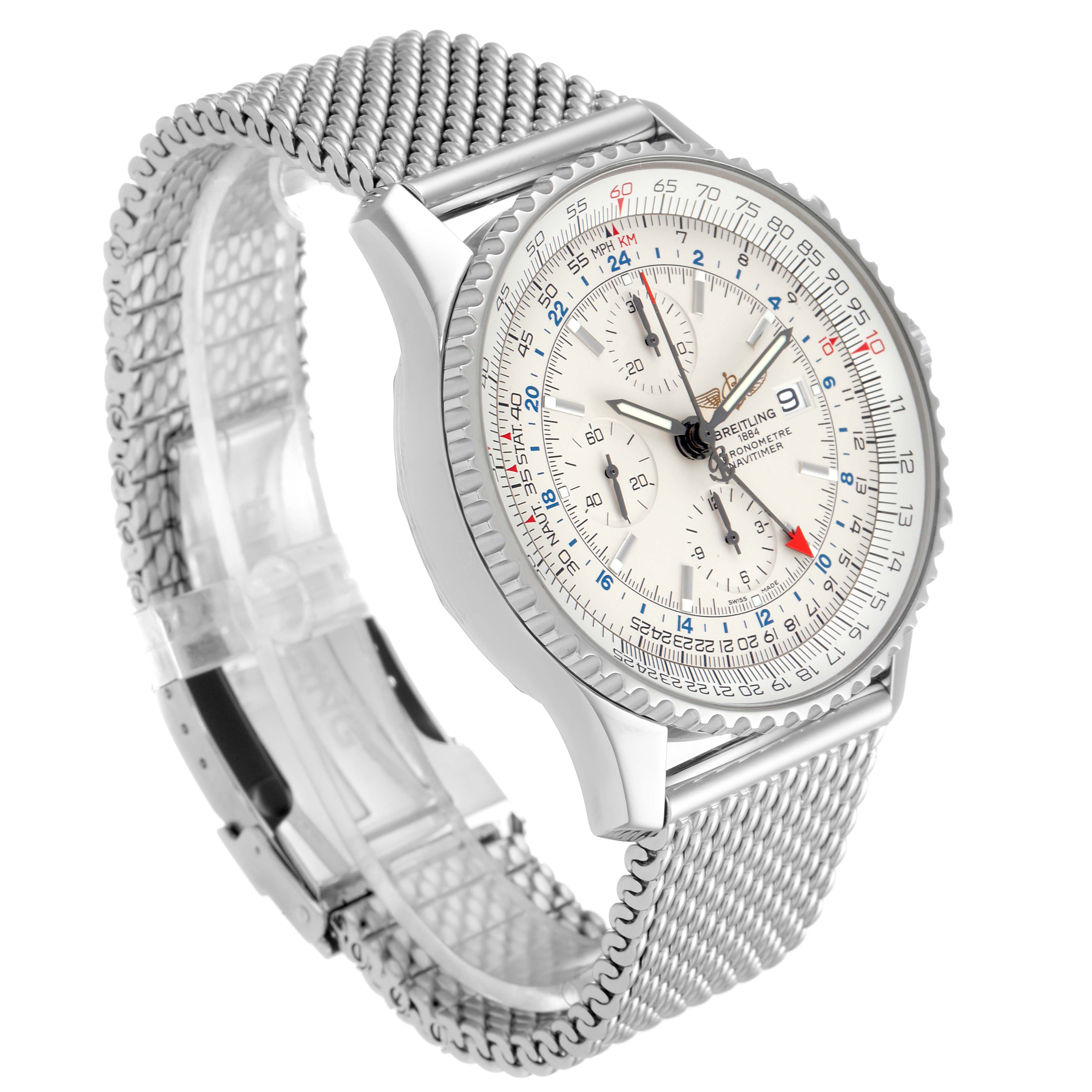 The image shows a Breitling Navitimer A24322 Men's Stainless Steel Silver Dial A24322 Men's Stainless Steel Silver Dial watch from a three-quarter angle, highlighting the dial, bezel, and mesh bracelet.