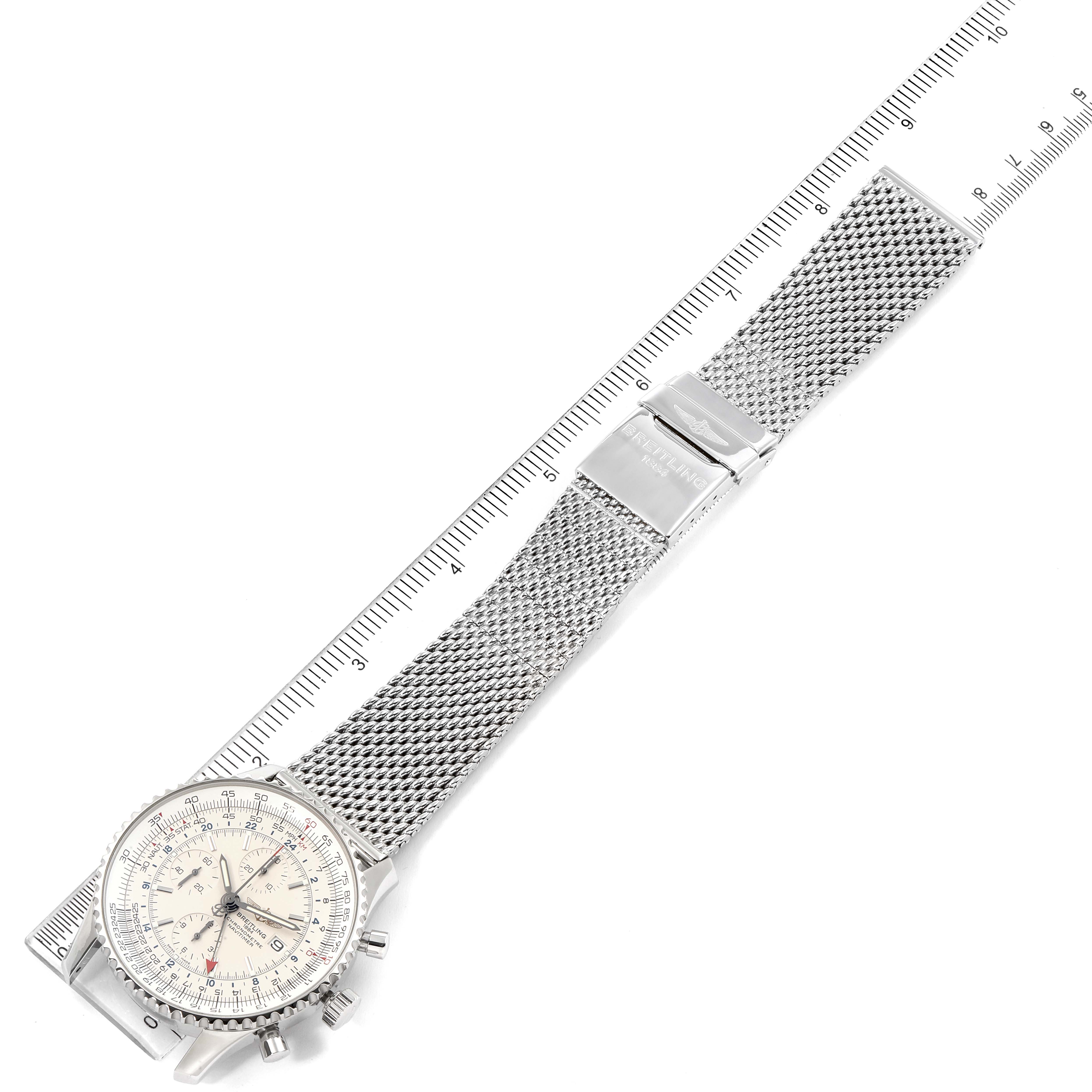 The Breitling Navitimer A24322 Men's Stainless Steel Silver Dial A24322 Men's Stainless Steel Silver Dial watch is shown from a top-down angle, displaying the face, mesh bracelet, and clasp.
