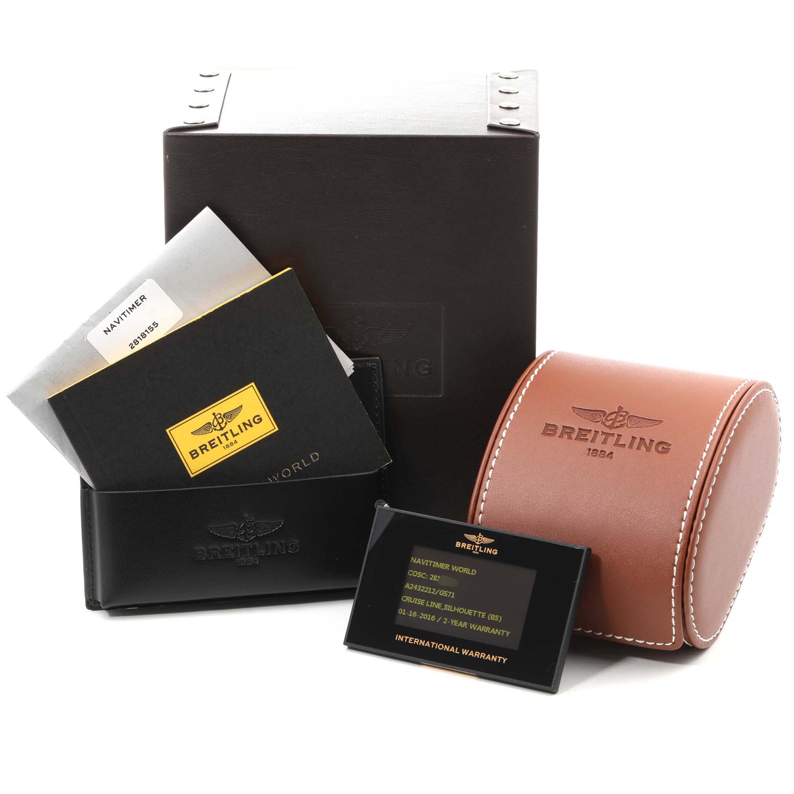 The image shows the packaging, documentation, and leather case for the Breitling Navitimer A24322 Men's Stainless Steel Silver Dial A24322 Men's Stainless Steel Silver Dial watch model.