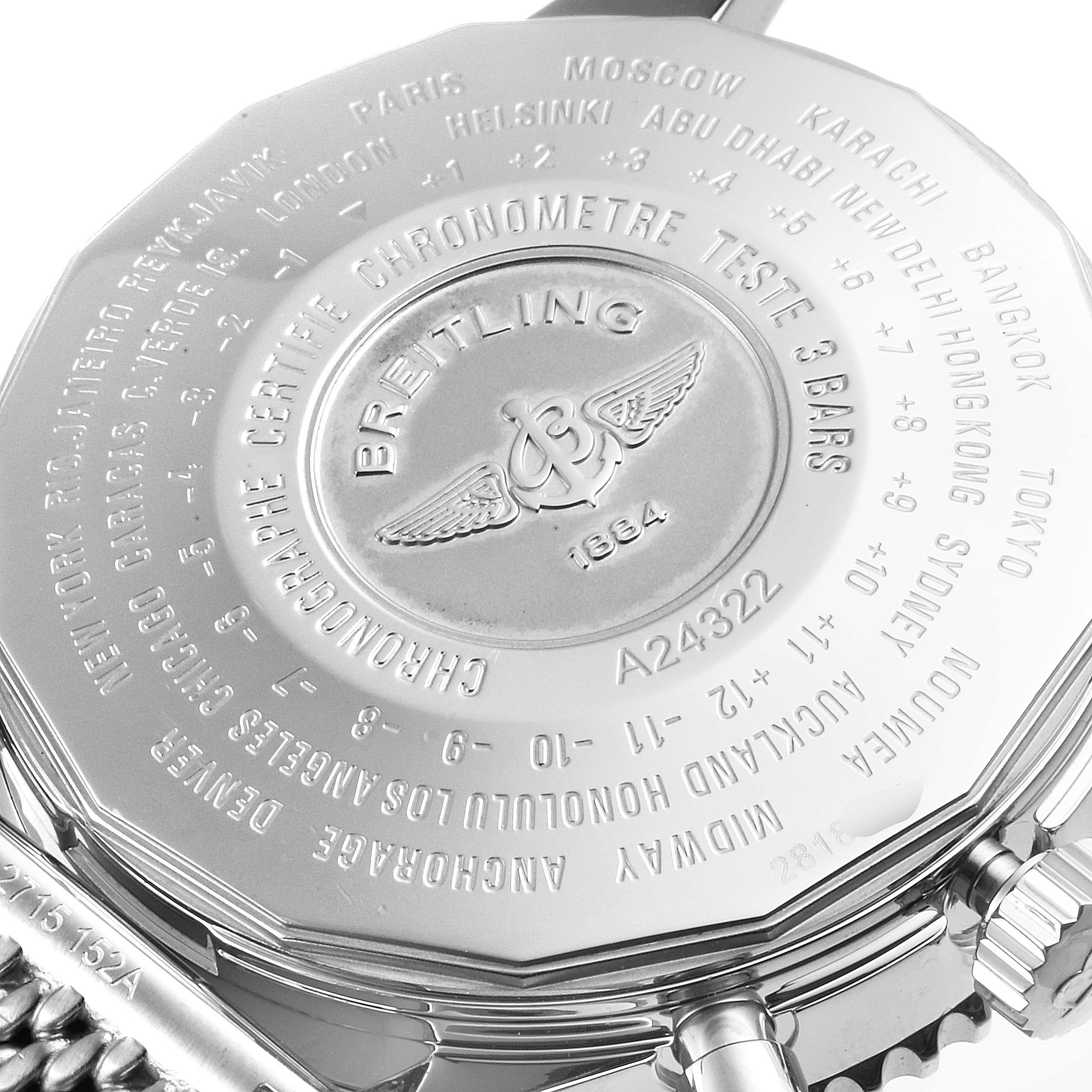 This image shows the engraved back case of a Breitling Navitimer A24322 Men's Stainless Steel Silver Dial A24322 Men's Stainless Steel Silver Dial watch from a close-up angle.