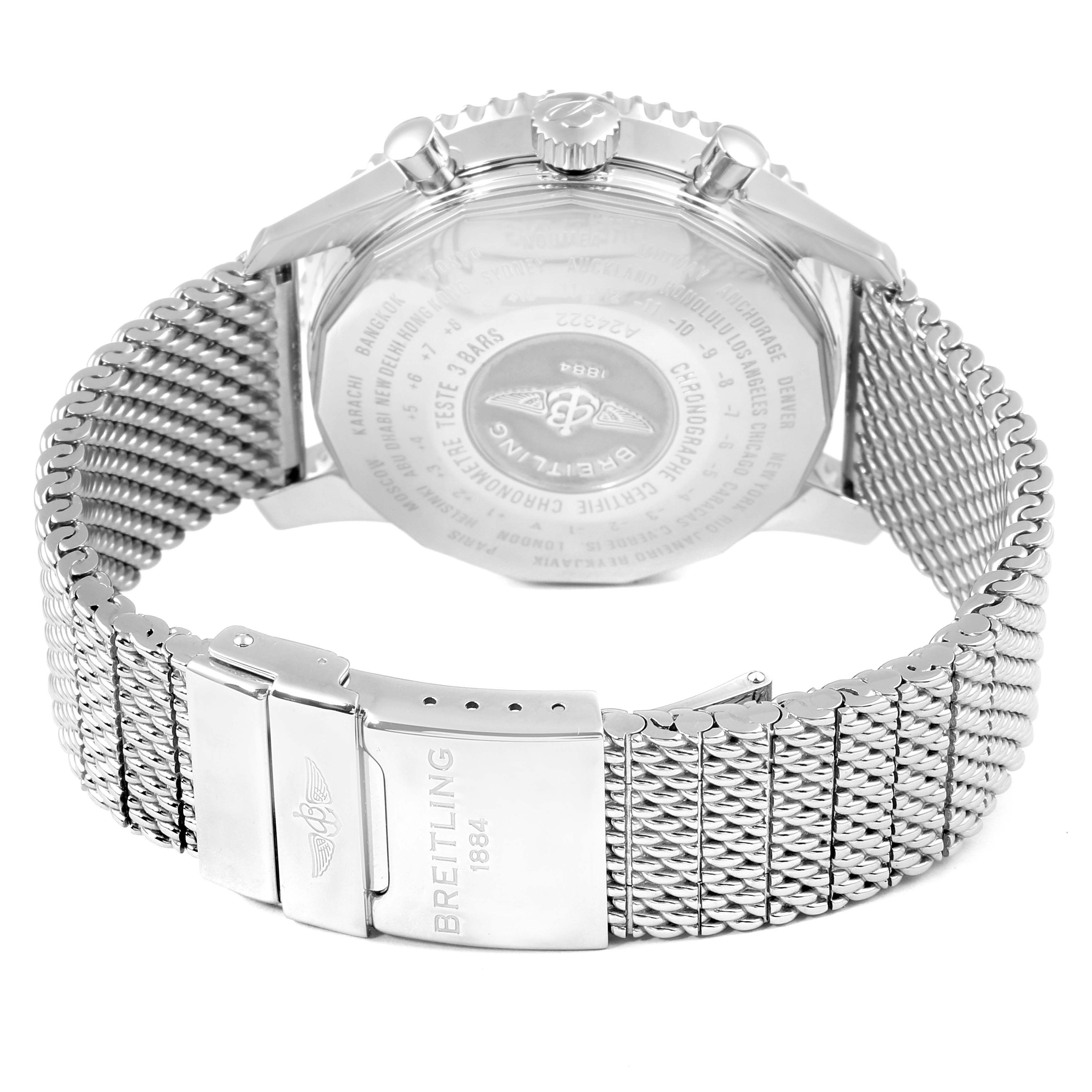 The image shows the back case and metal bracelet of a Breitling Navitimer A24322 Men's Stainless Steel Silver Dial A24322 Men's Stainless Steel Silver Dial watch from a rear angle.