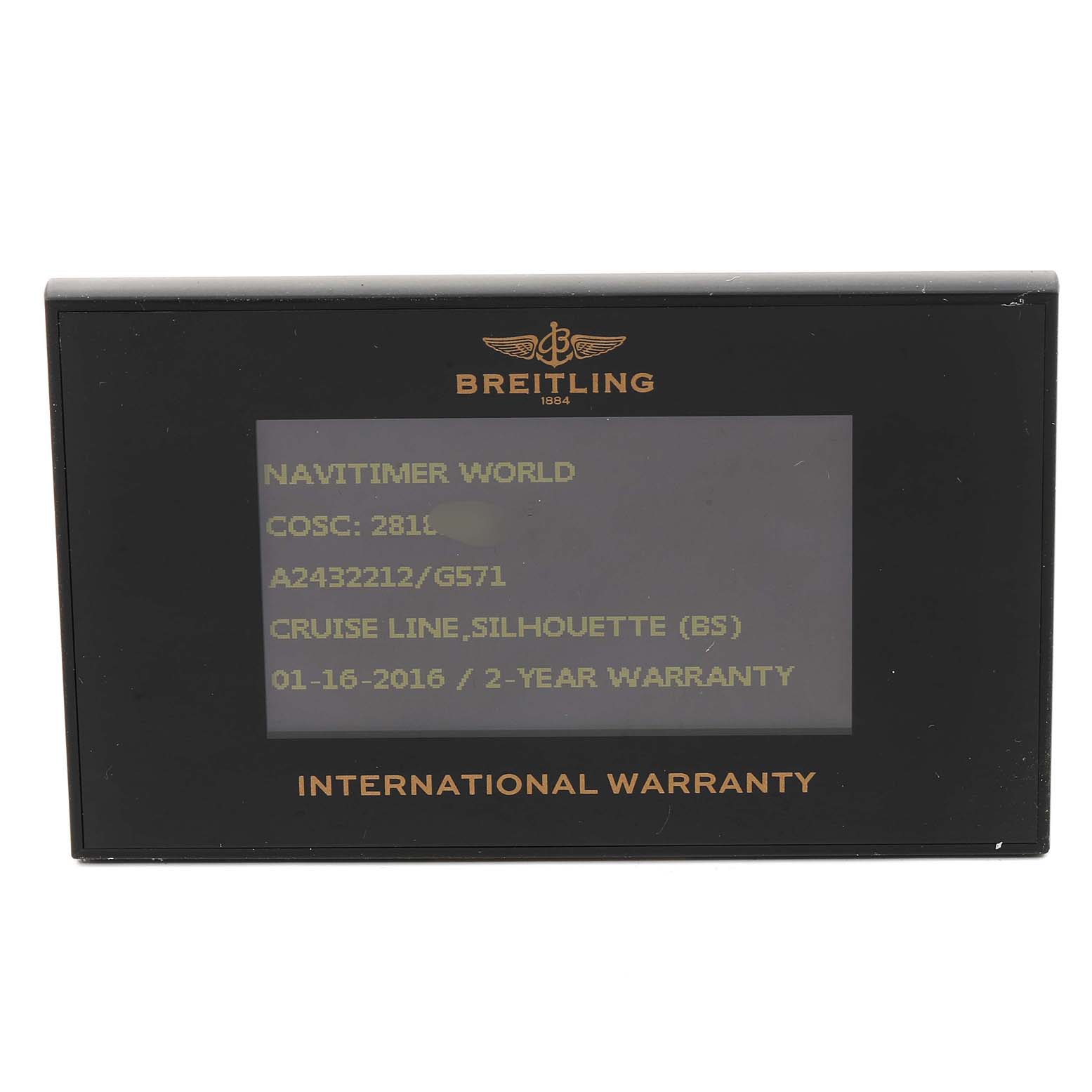 This image shows the international warranty card for the Breitling Navitimer A24322 Men's Stainless Steel Silver Dial A24322 Men's Stainless Steel Silver Dial World model watch.