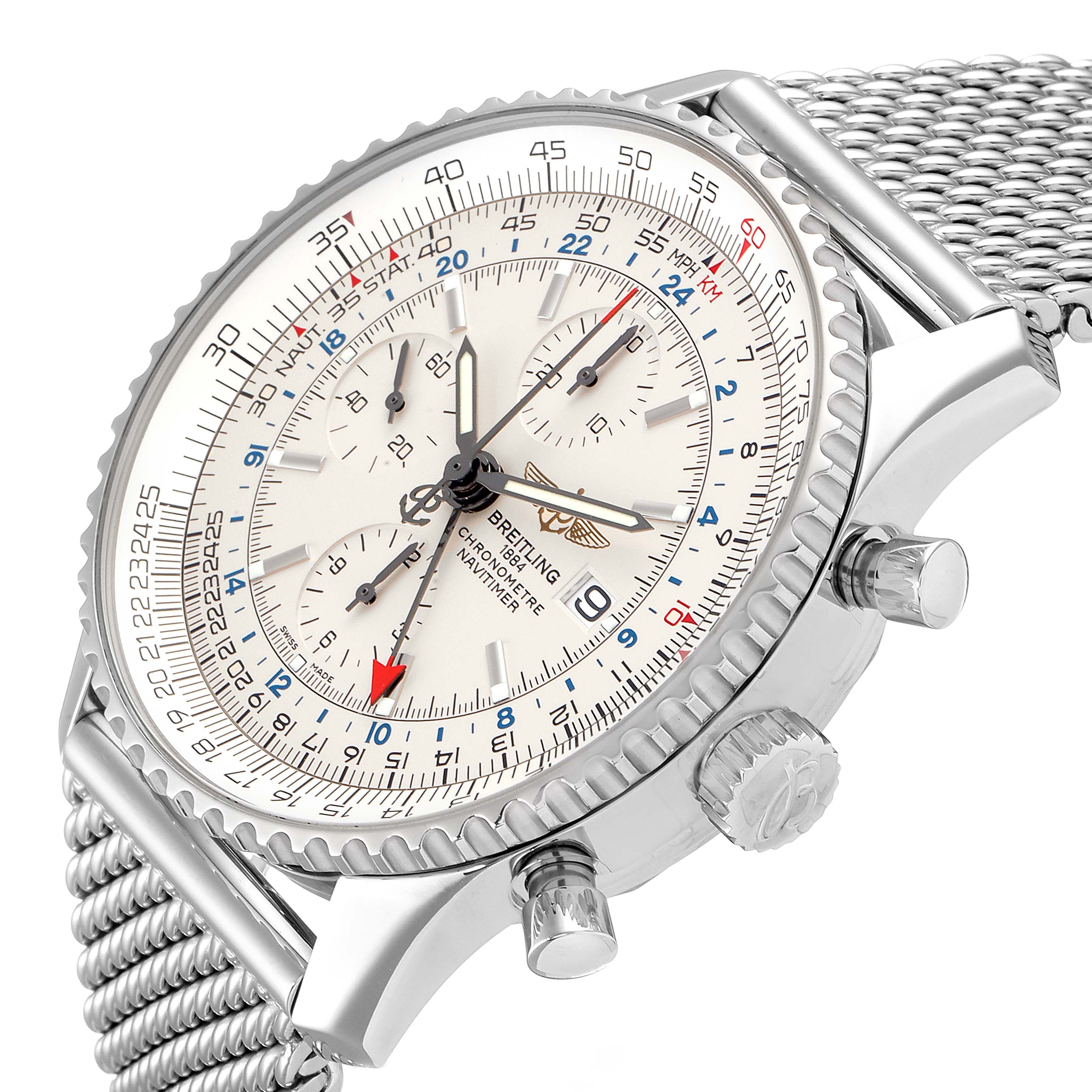 The image shows a close-up of a Breitling Navitimer A24322 Men's Stainless Steel Silver Dial A24322 Men's Stainless Steel Silver Dial watch face, side buttons, and a partial view of the bracelet.