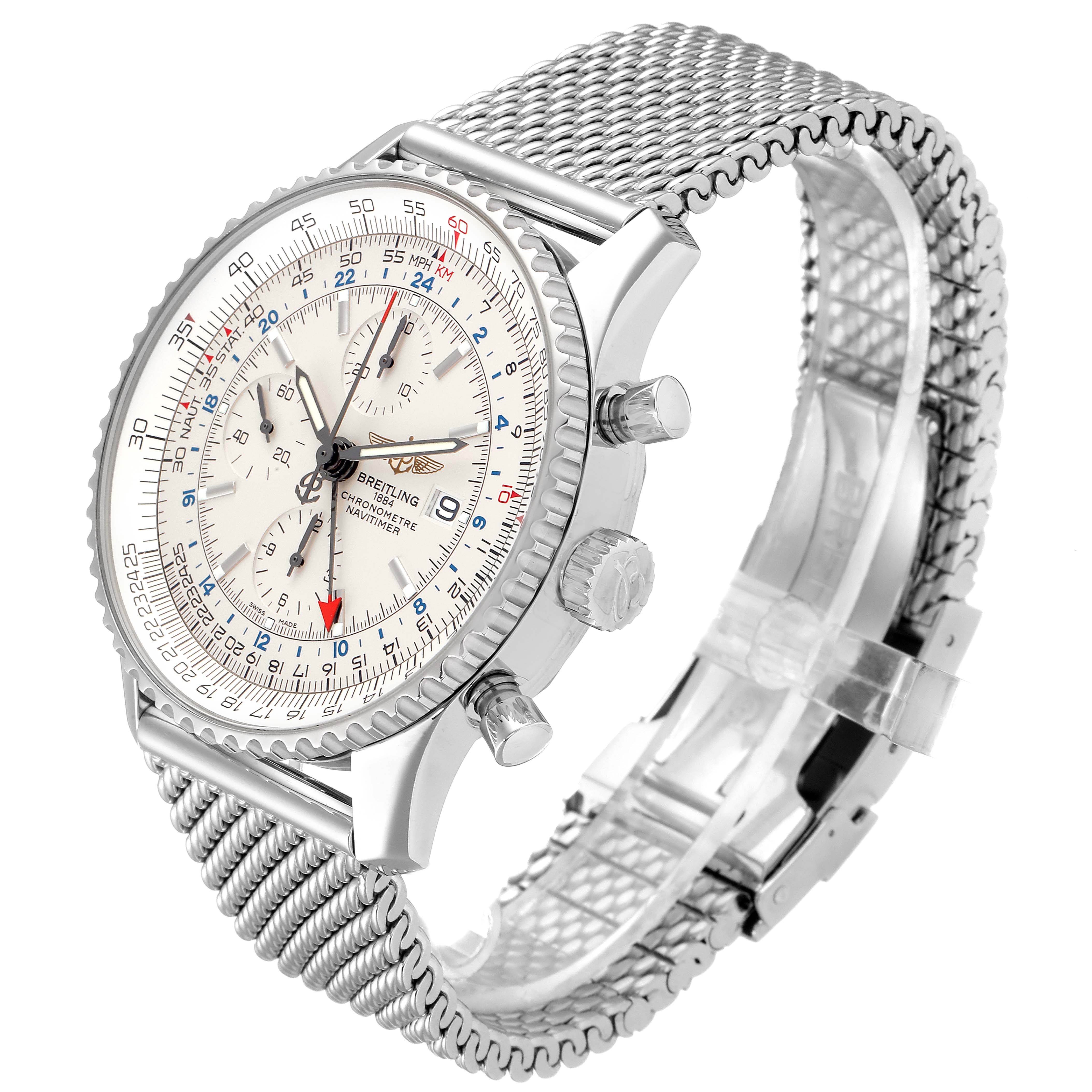 This image shows a Breitling Navitimer A24322 Men's Stainless Steel Silver Dial A24322 Men's Stainless Steel Silver Dial watch from a side angle, highlighting its dial, bezel, crown, pushers, and mesh bracelet.