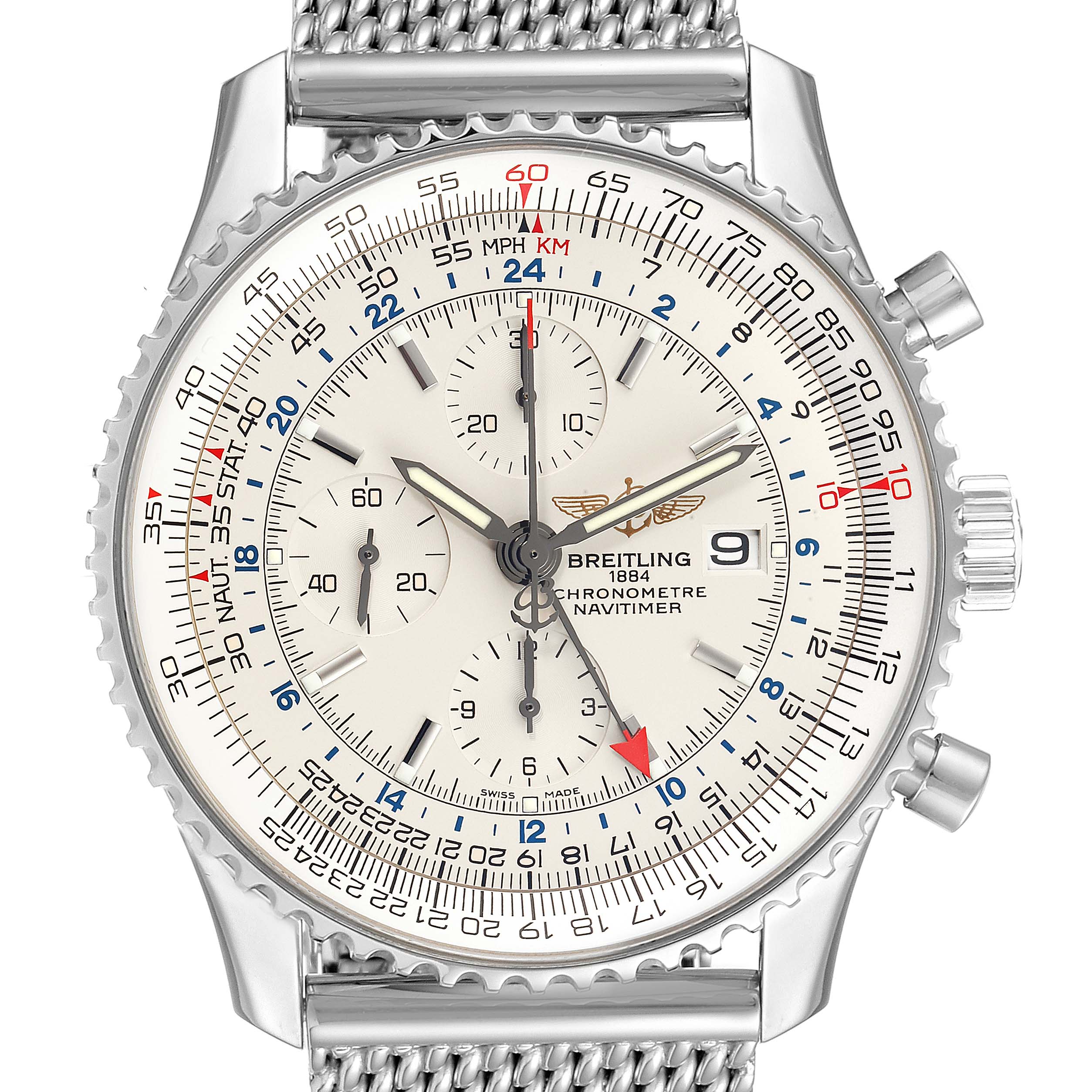 This image shows a frontal view of the Breitling Navitimer A24322 Men's Stainless Steel Silver Dial A24322 Men's Stainless Steel Silver Dial, displaying its detailed dial and mesh bracelet.