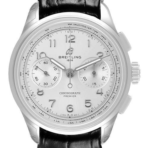 The Breitling Premier AB0930 Men's Stainless Steel Silver Dial watch is shown from a front angle, highlighting the dial, subdials, and crown.