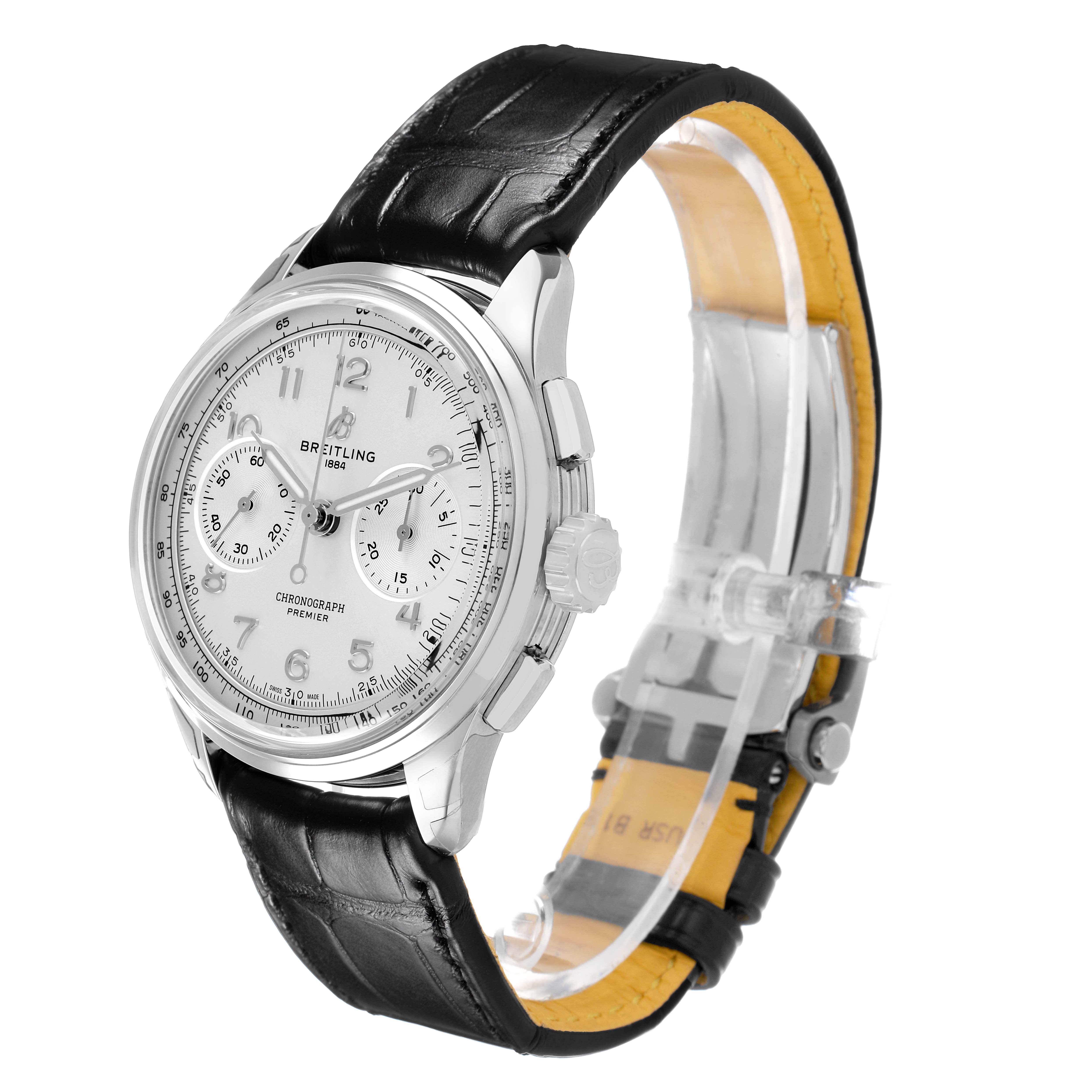 The Breitling Premier AB0930 Men's Stainless Steel Silver Dial watch is shown at a three-quarter side angle, highlighting the dial, bezel, crown, and black leather strap.